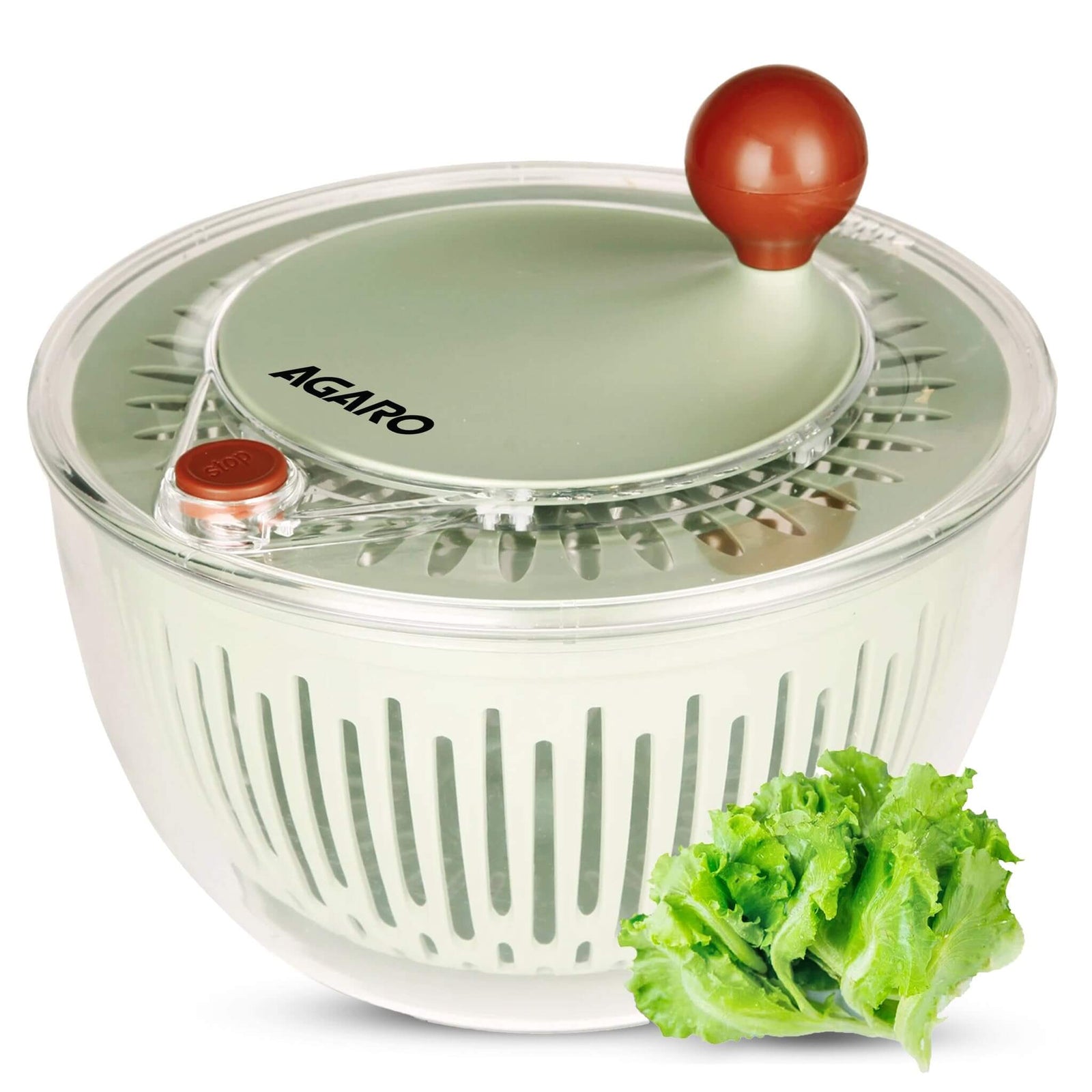 AGARO Elite 5L Salad Spinner with transparent bowl and green lid showing clean vegetables