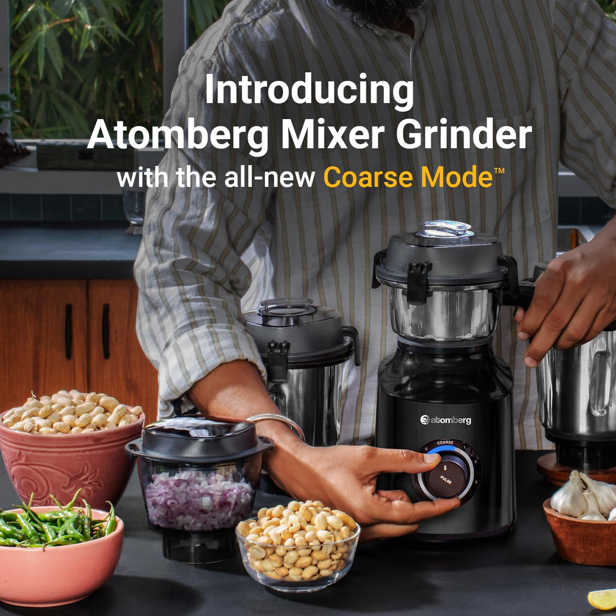 Atomberg Zenova Mixer Grinder with Unique Coarse Mode | Advanced Safety Features | 4 Jars including Chopper Jar with Hands Free Operation (Black)