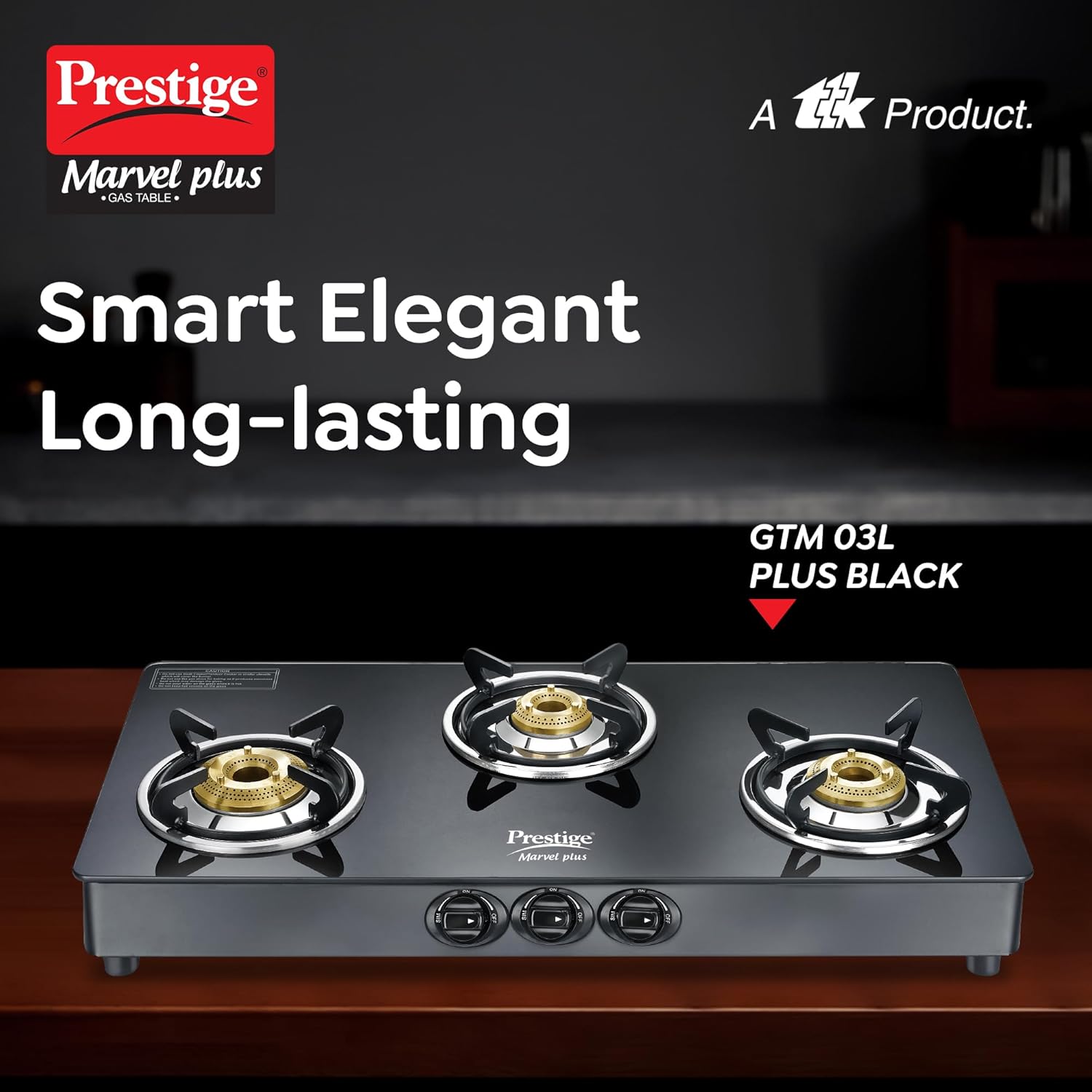 Prestige Marvel Plus 3 Burner Gas Stove with toughened black glass top and brass burners