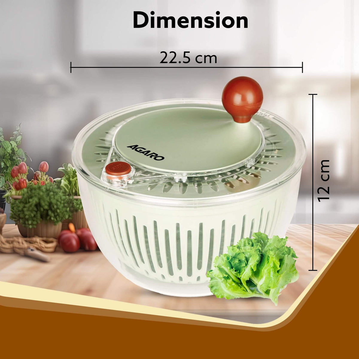 Green AGARO Salad Spinner demonstrating pesticide removal technology with water drainage