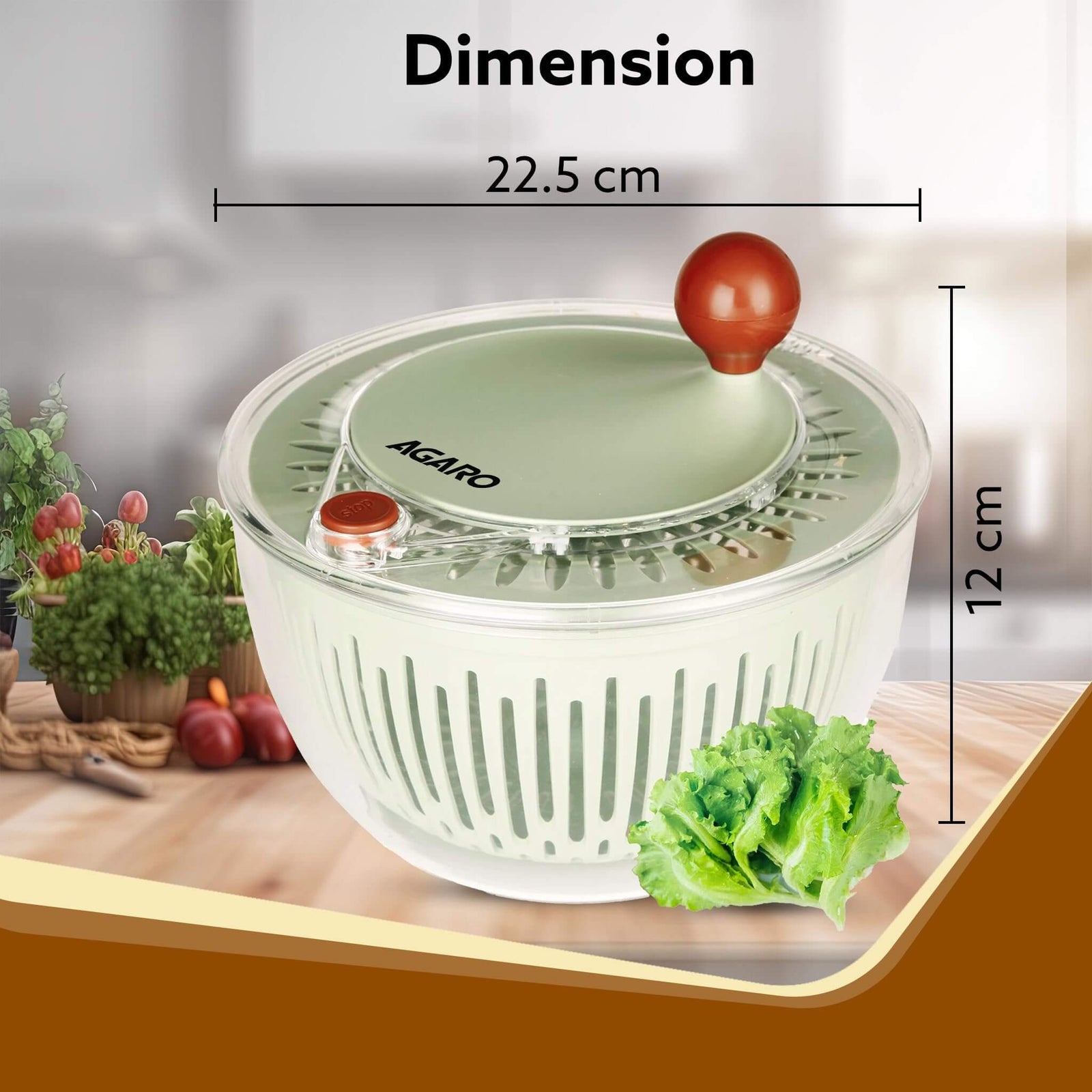 AGARO Elite 5L Salad Spinner with transparent bowl and green lid showing clean vegetables