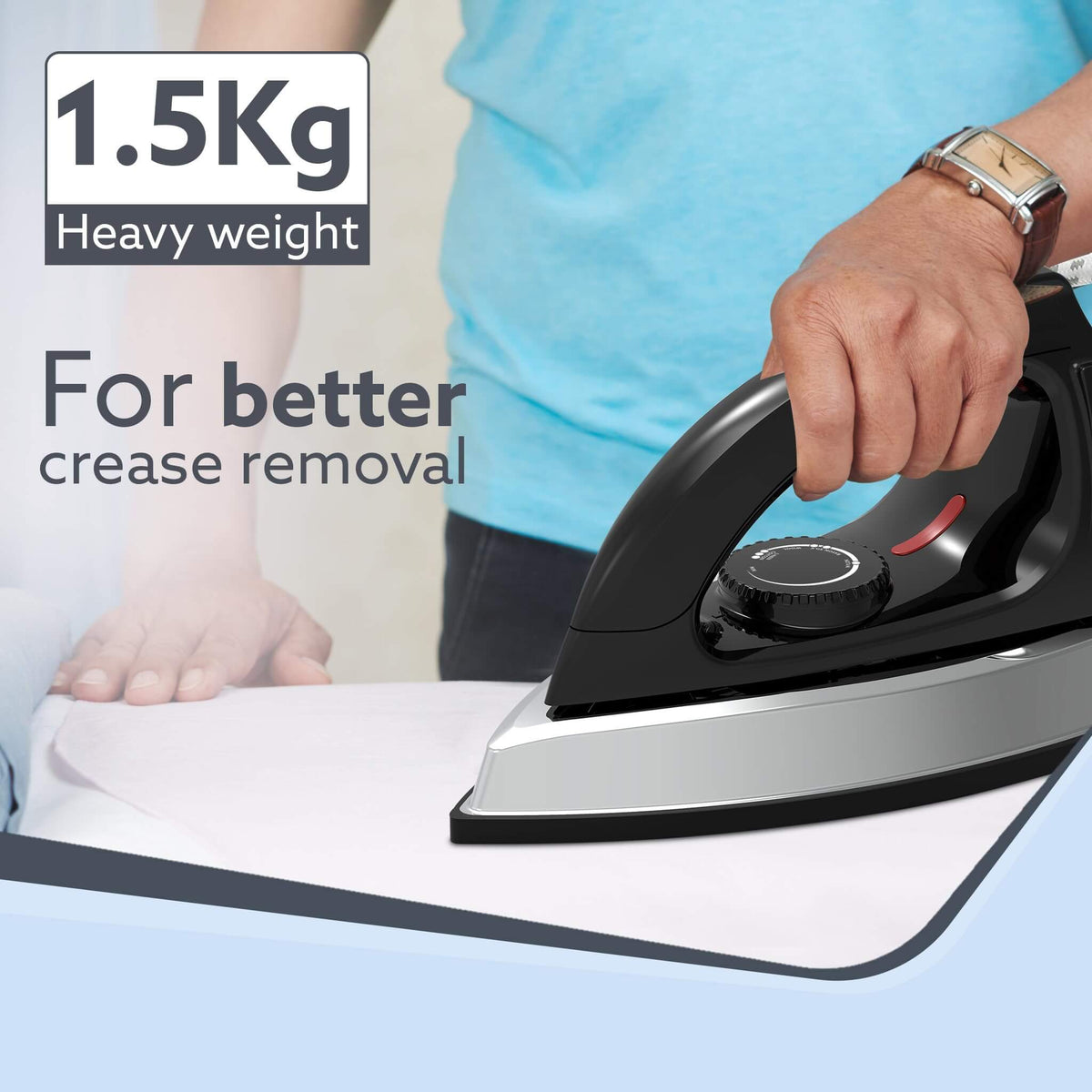 agaro heavy iron box Person ironing with a heavy-duty iron labeled '1.5Kg Heavy weight For better crease removal'.