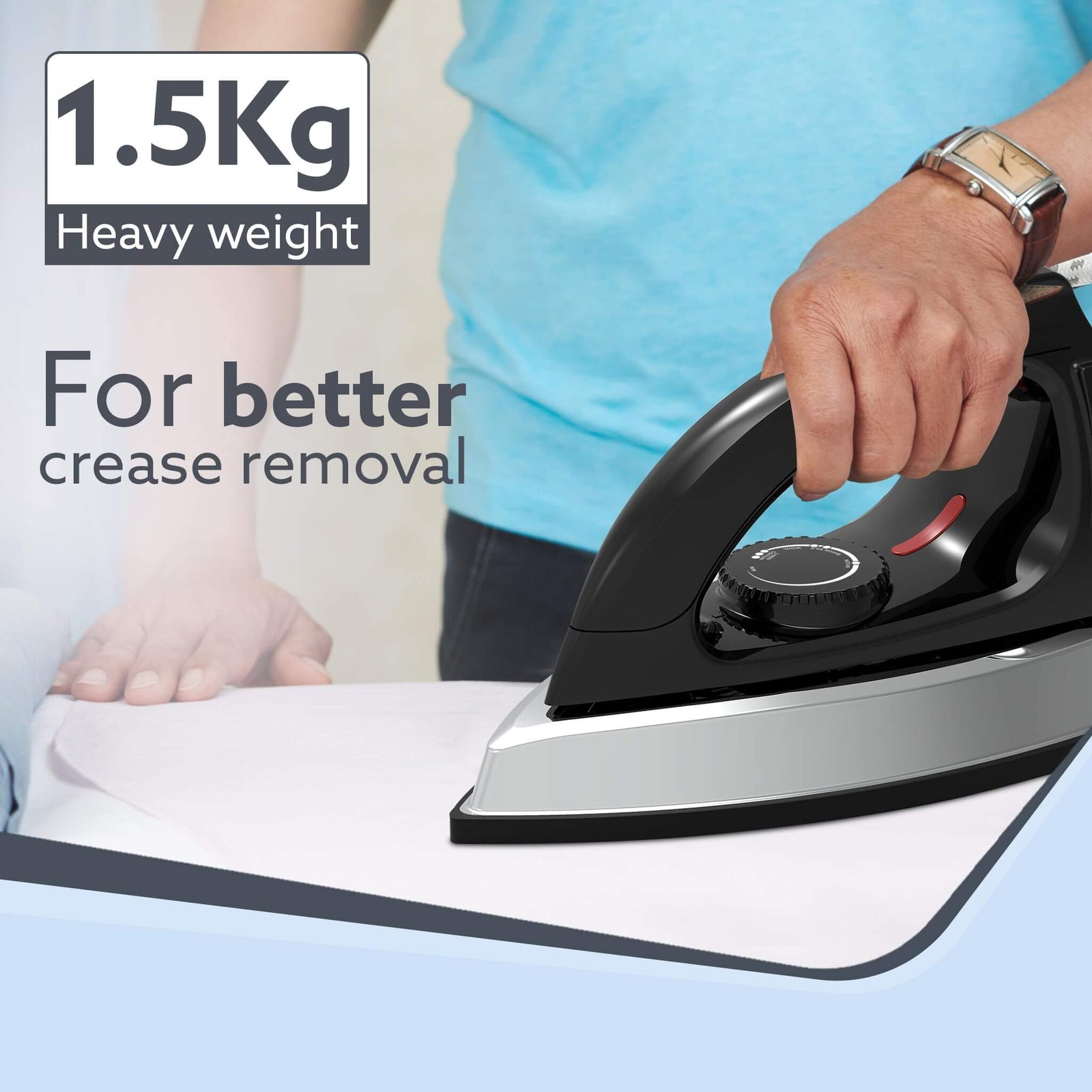 agaro heavy iron box Person ironing with a heavy-duty iron labeled '1.5Kg Heavy weight For better crease removal'.