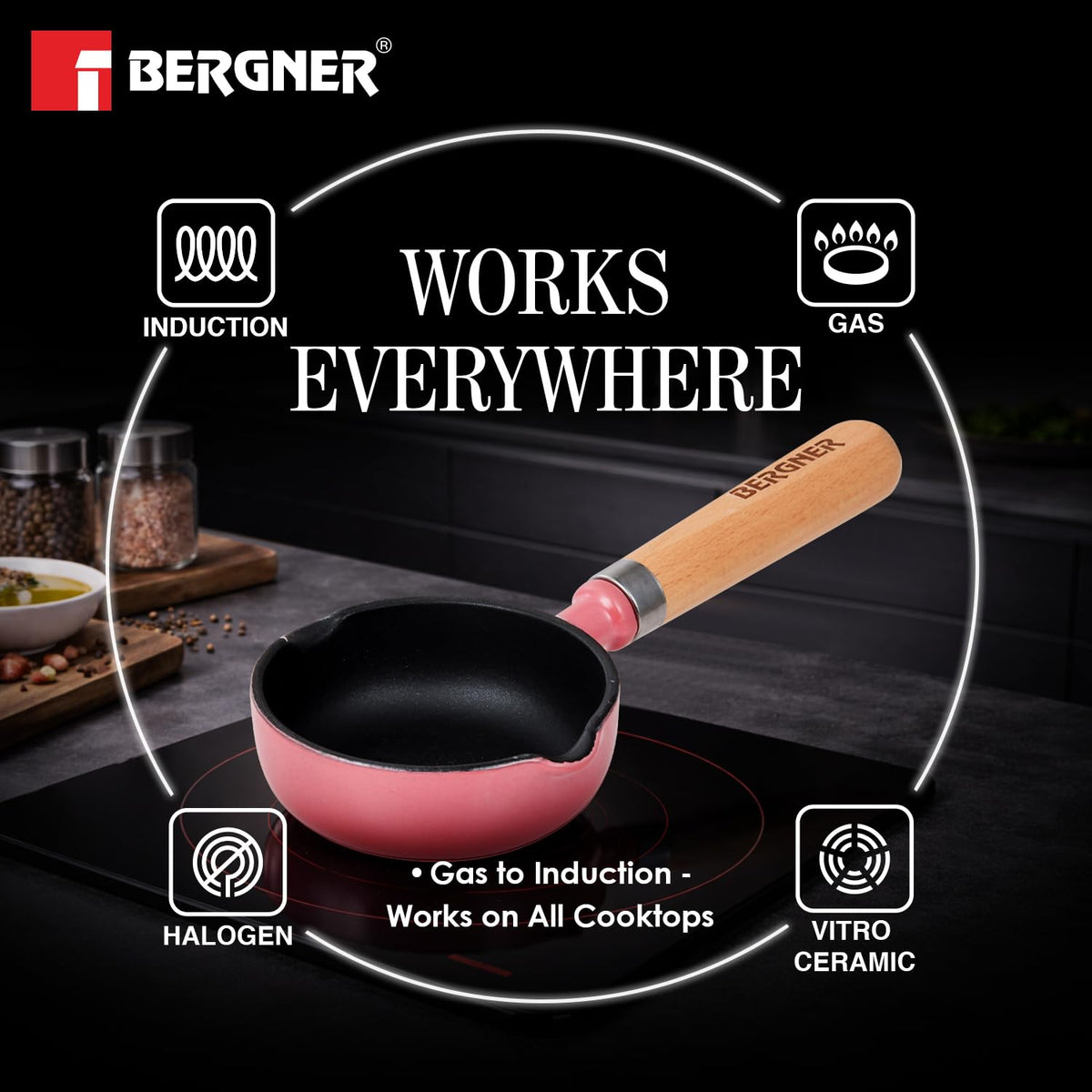 Indian tadka pan in pink enamel by Bergner with 5-year warranty, induction and gas compatible
