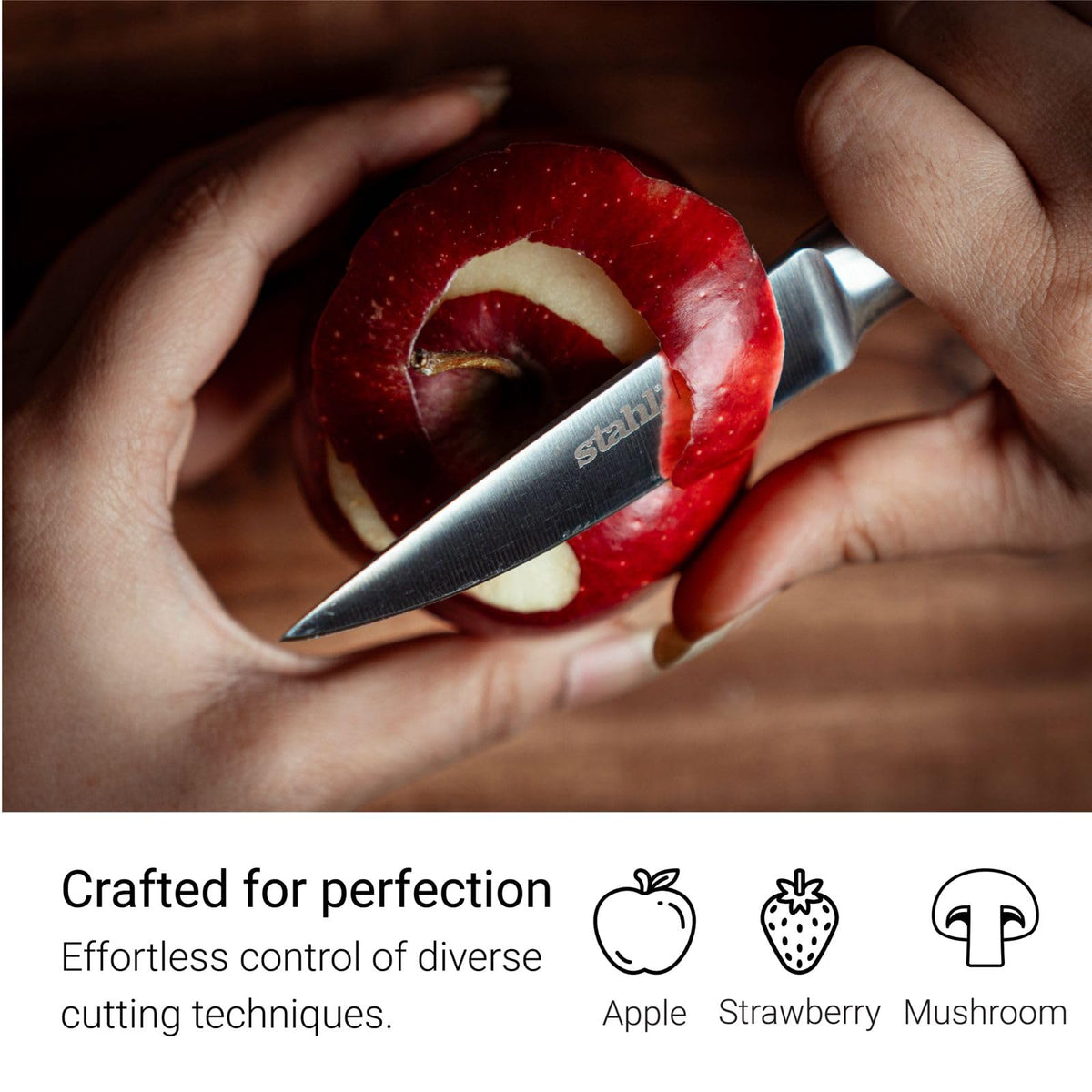 Stahl Talon paring knife peeling ginger over a bowl in an Indian kitchen