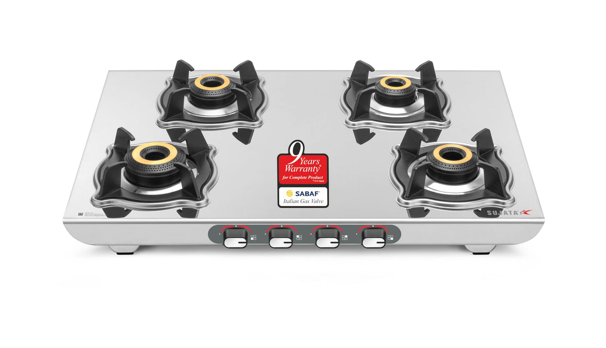 Sujata Majestic 4 burner gas stove with stainless steel body and brass burners
