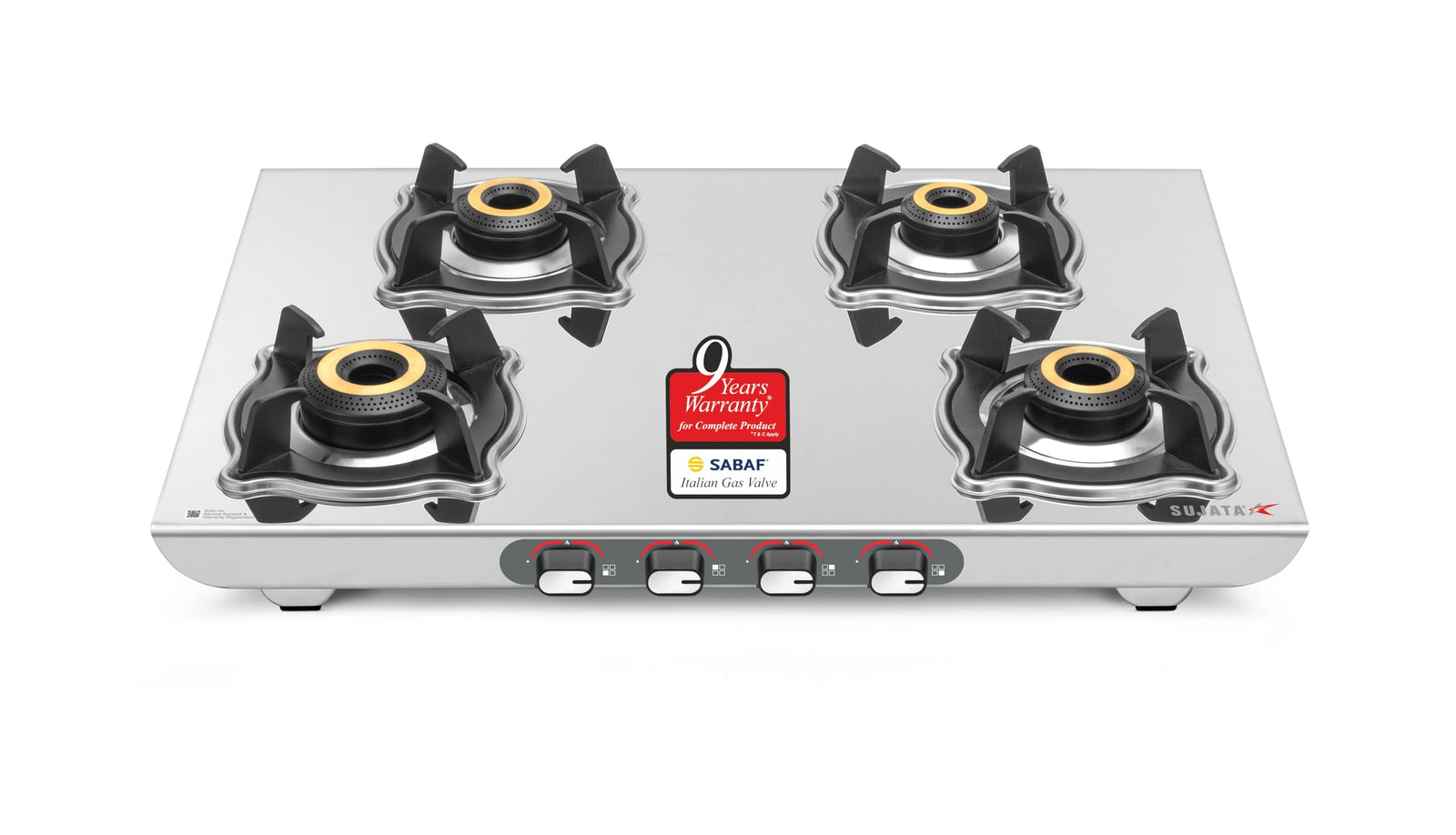 Sujata Majestic 4 burner gas stove with stainless steel body and brass burners
