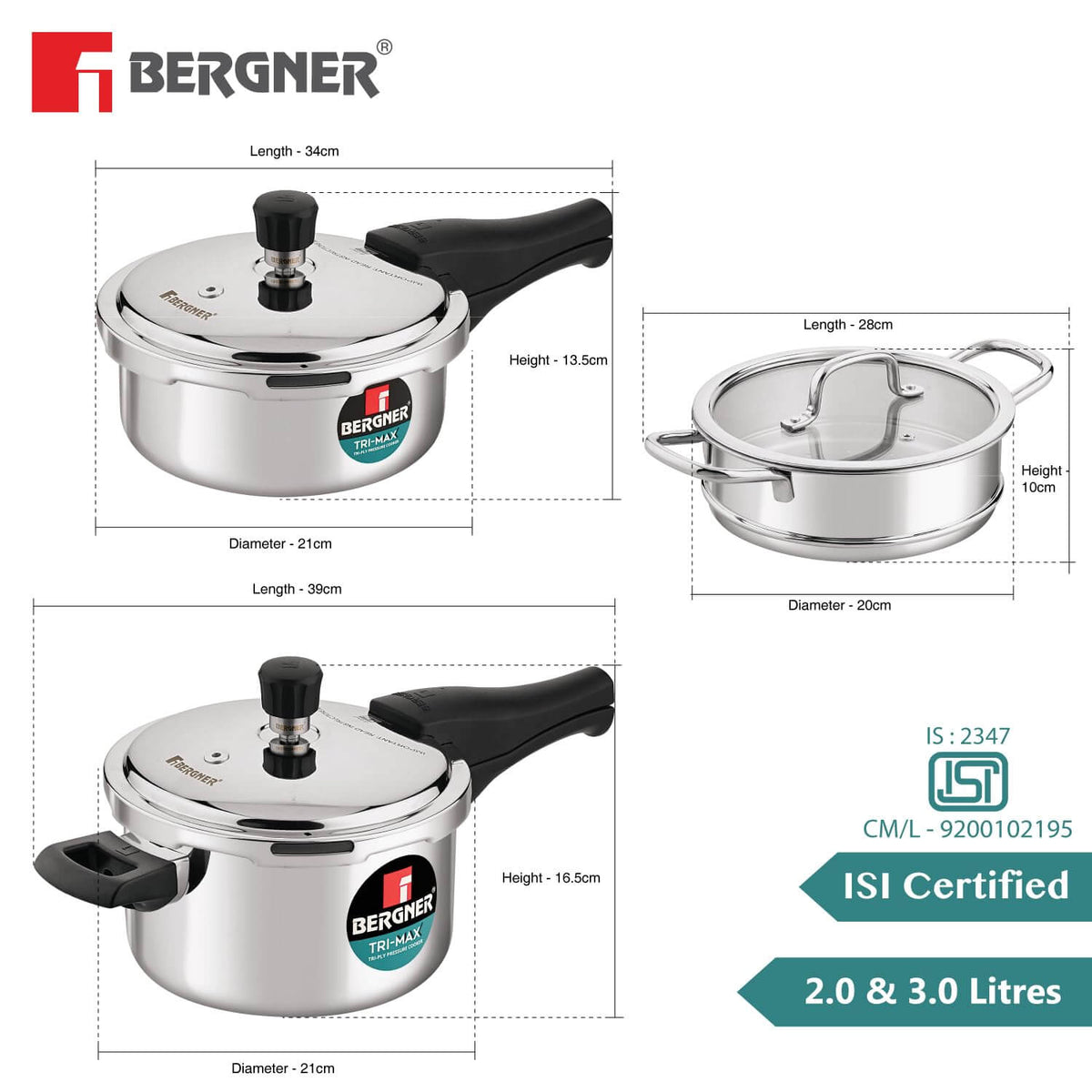 Bergner Tri-Max TriPly Multi Combo: 3L Pressure Cooker, 2L Pressure Pan & 18cm Steamer with Glass Lid
