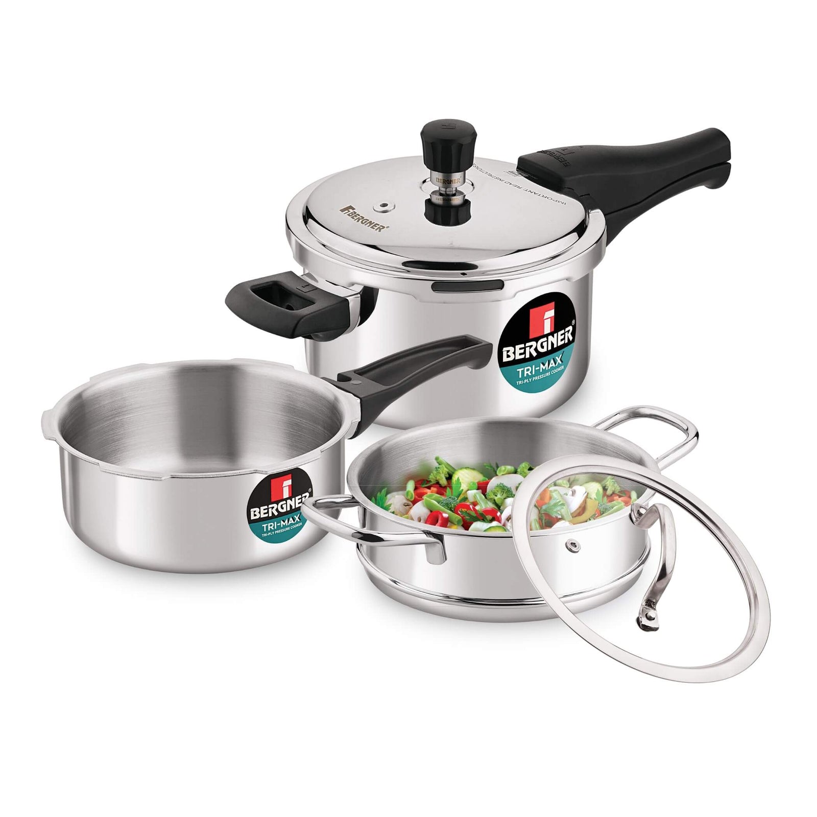 Bergner Tri-Max TriPly Multi Combo: 3L Pressure Cooker, 2L Pressure Pan & 18cm Steamer with Glass Lid