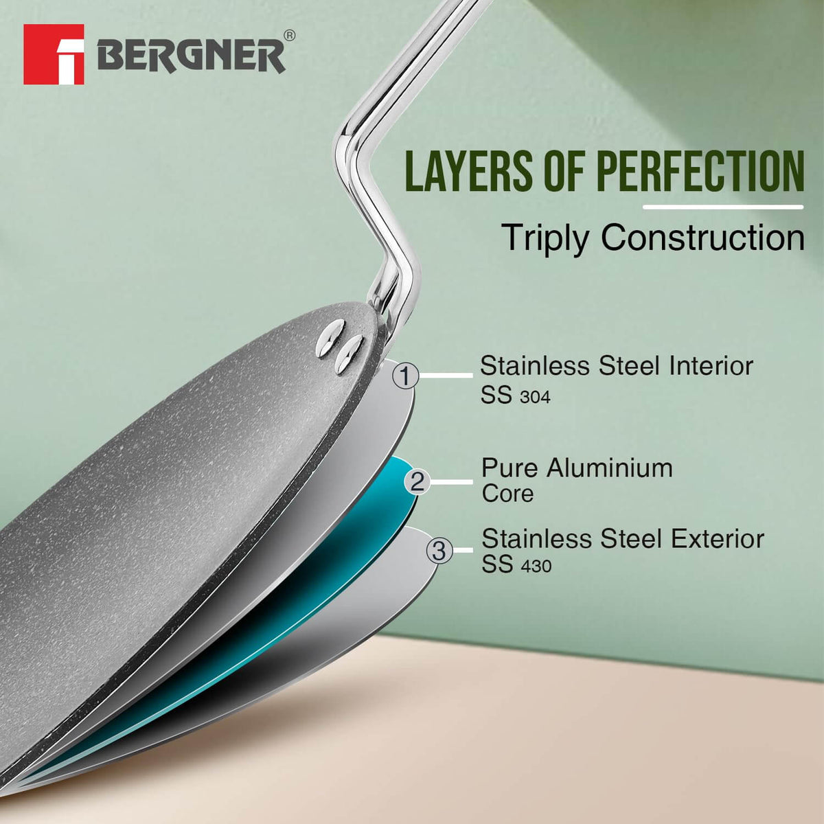 Side profile of Bergner Argent Samsara triply steel tawa highlighting its sleek construction