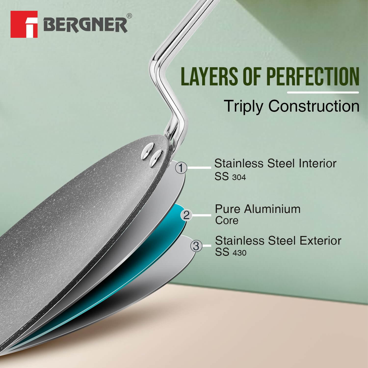 Side profile of Bergner Argent Samsara triply steel tawa highlighting its sleek construction