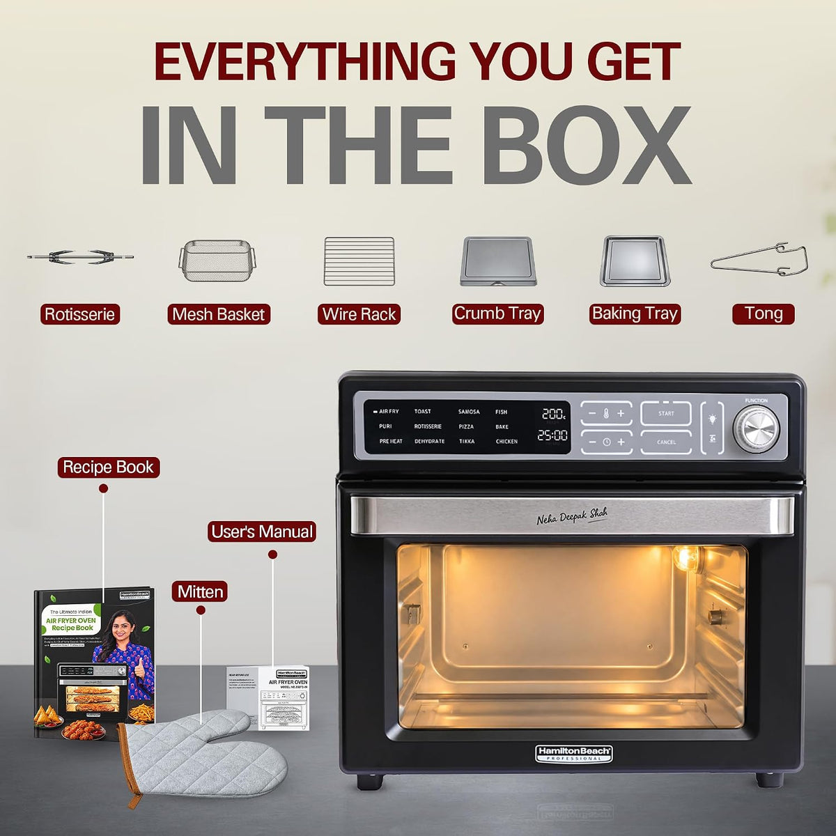 Hamilton Beach 25L air fryer oven box contents with rotisserie, mesh basket, wire rack, crumb tray, baking tray, tong, mitten and recipe book