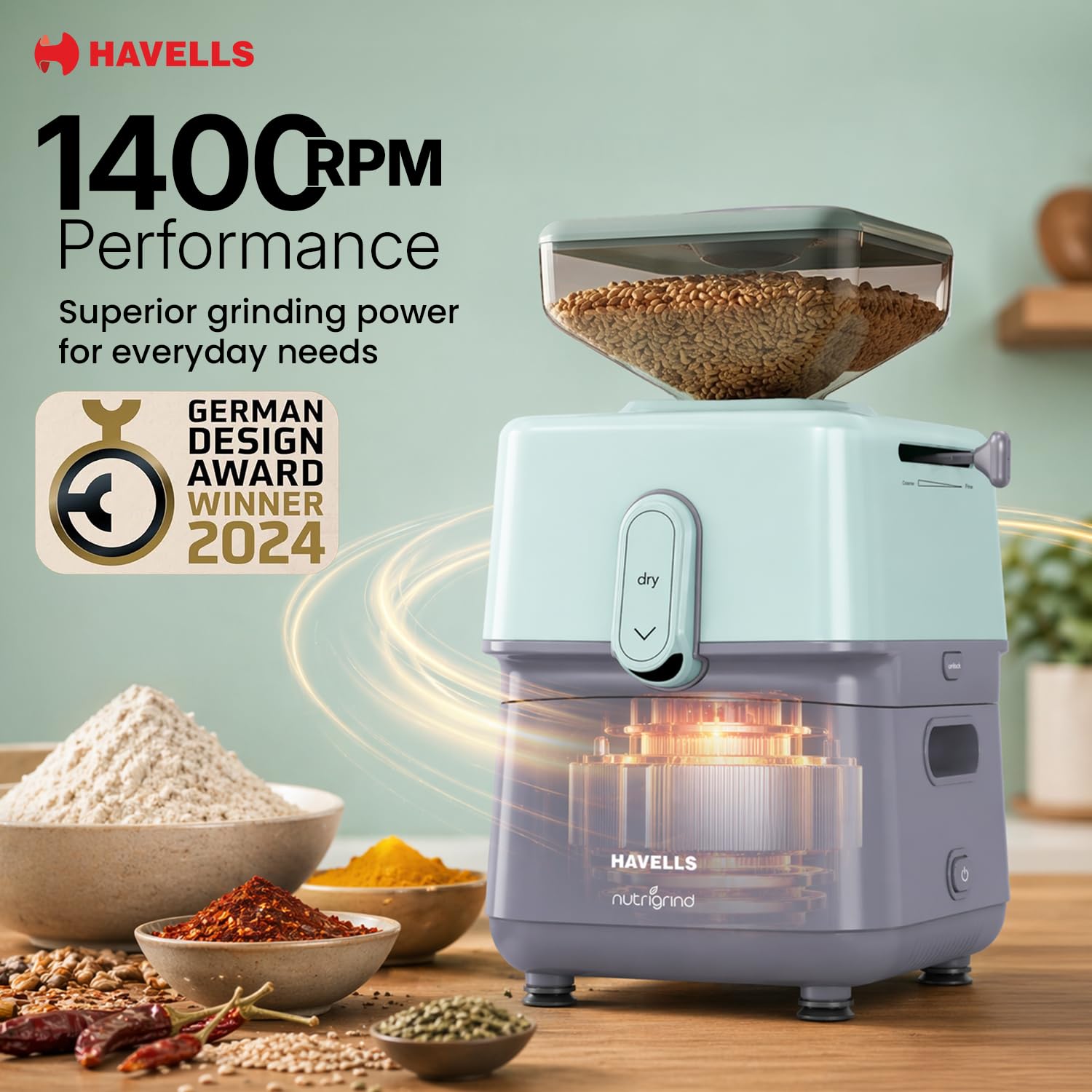 Havells stone-based atta chakki grinding fresh wheat flour at home
