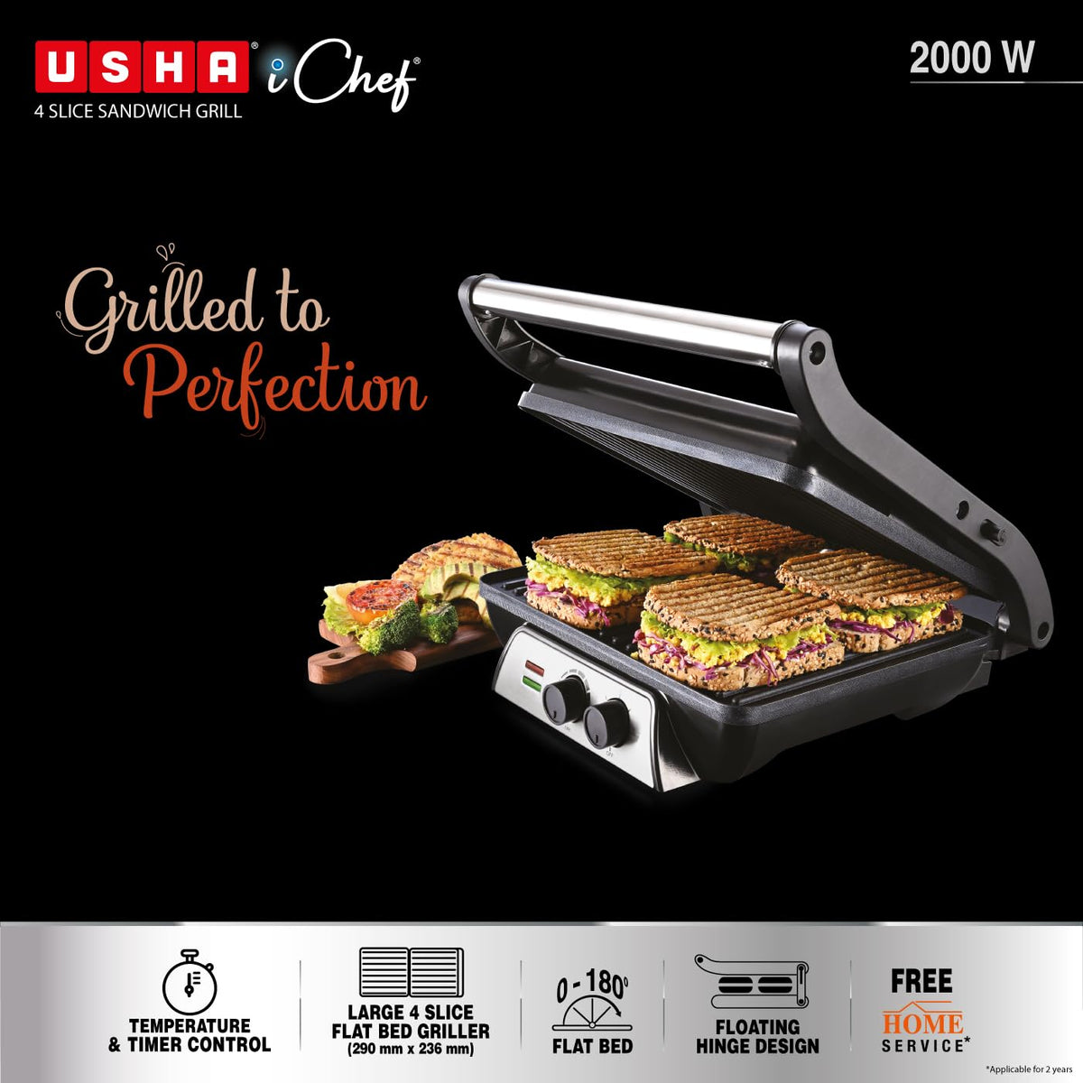 USHA iChef sandwich grill with grilled sandwiches on a black background