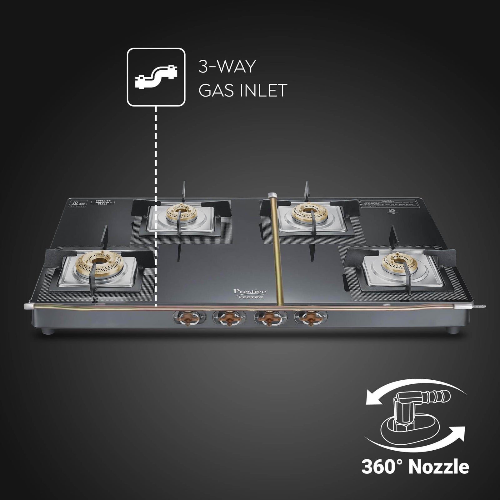 Prestige Vectra 4 Burner Glasstop Gas Stove with Toughened Glass Top