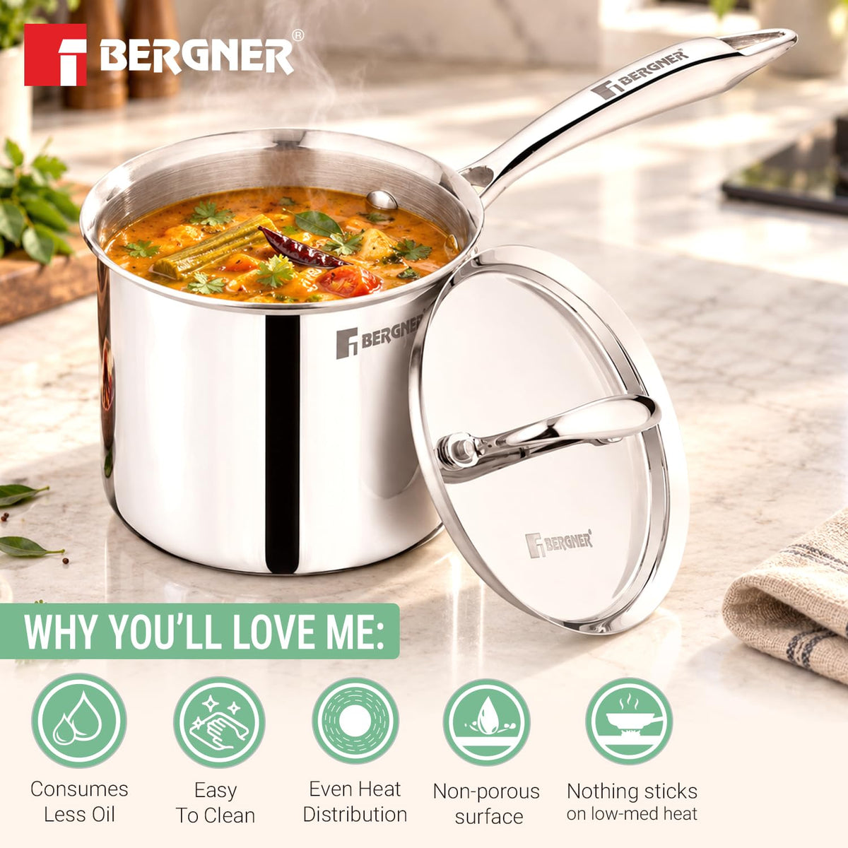 Bergner Argent Triply Mudde Pan with Lid – Multipurpose Deep Pot for Ragi Mudde, 12cm & 16cm