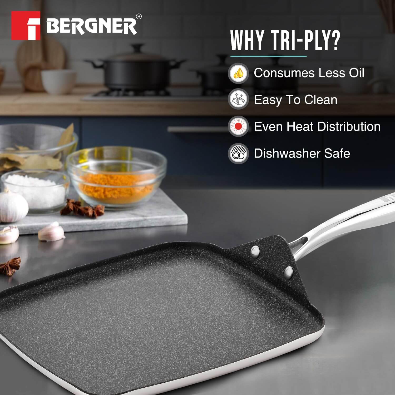 Made in India BERGNER Stainless Steel Tawa with Quantanium Non-Stick Surface