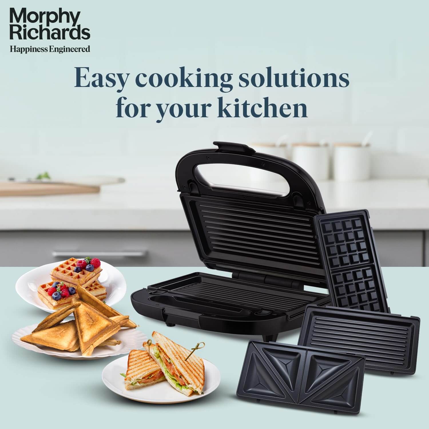 Morphy Richards 750W 3-in-1 sandwich maker with interchangeable plates and delicious food options.