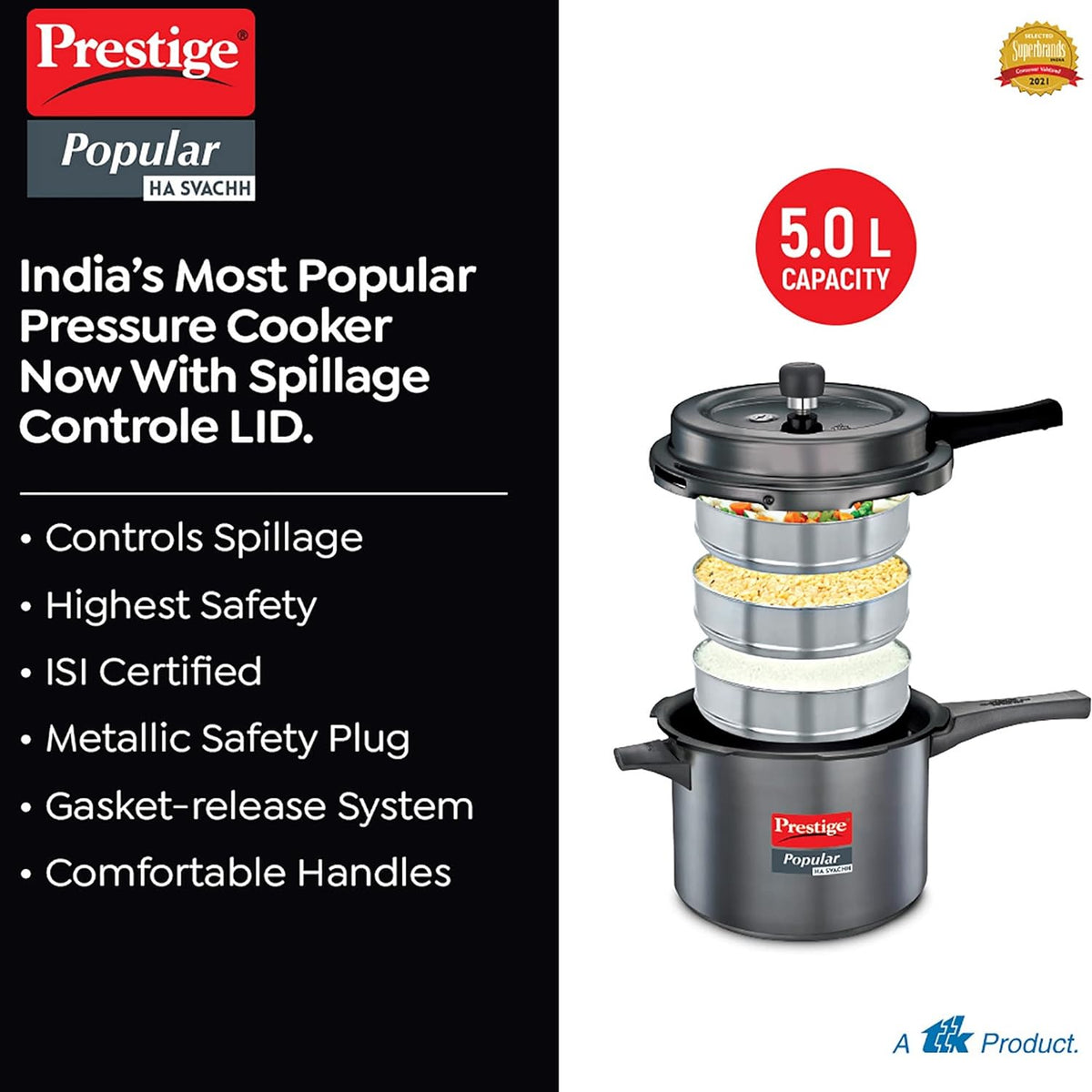 Prestige Popular Svachh Hard Anodised Outer Lid Pressure Cooker - Black