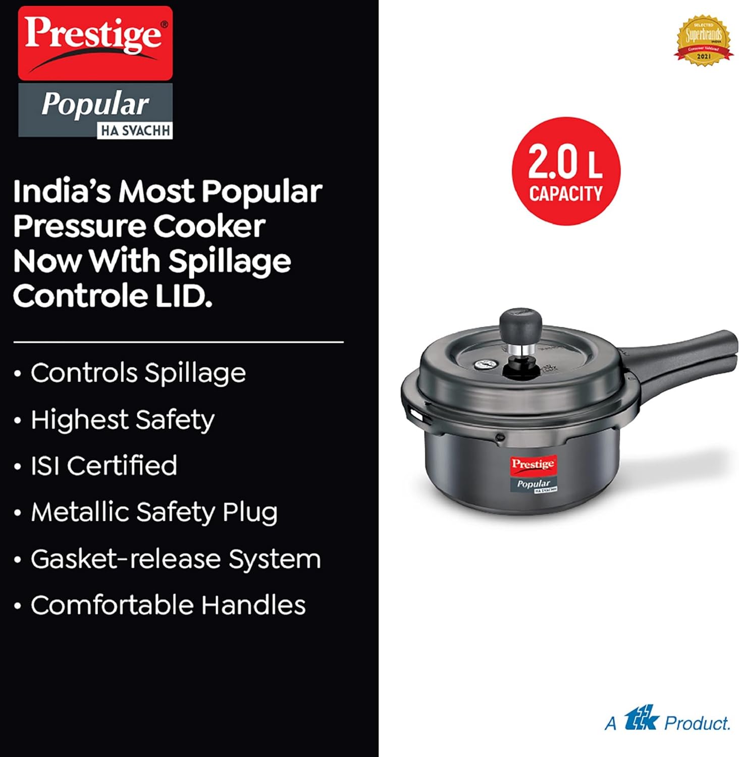 Prestige Popular Svachh Hard Anodised Outer Lid Pressure Cooker - Black