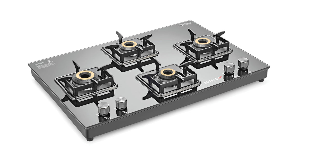 Sujata Premium Cross 4 Burner Glass Top Gas Stove | 9 Year Warranty | SABAF Valve | ISI Certified
