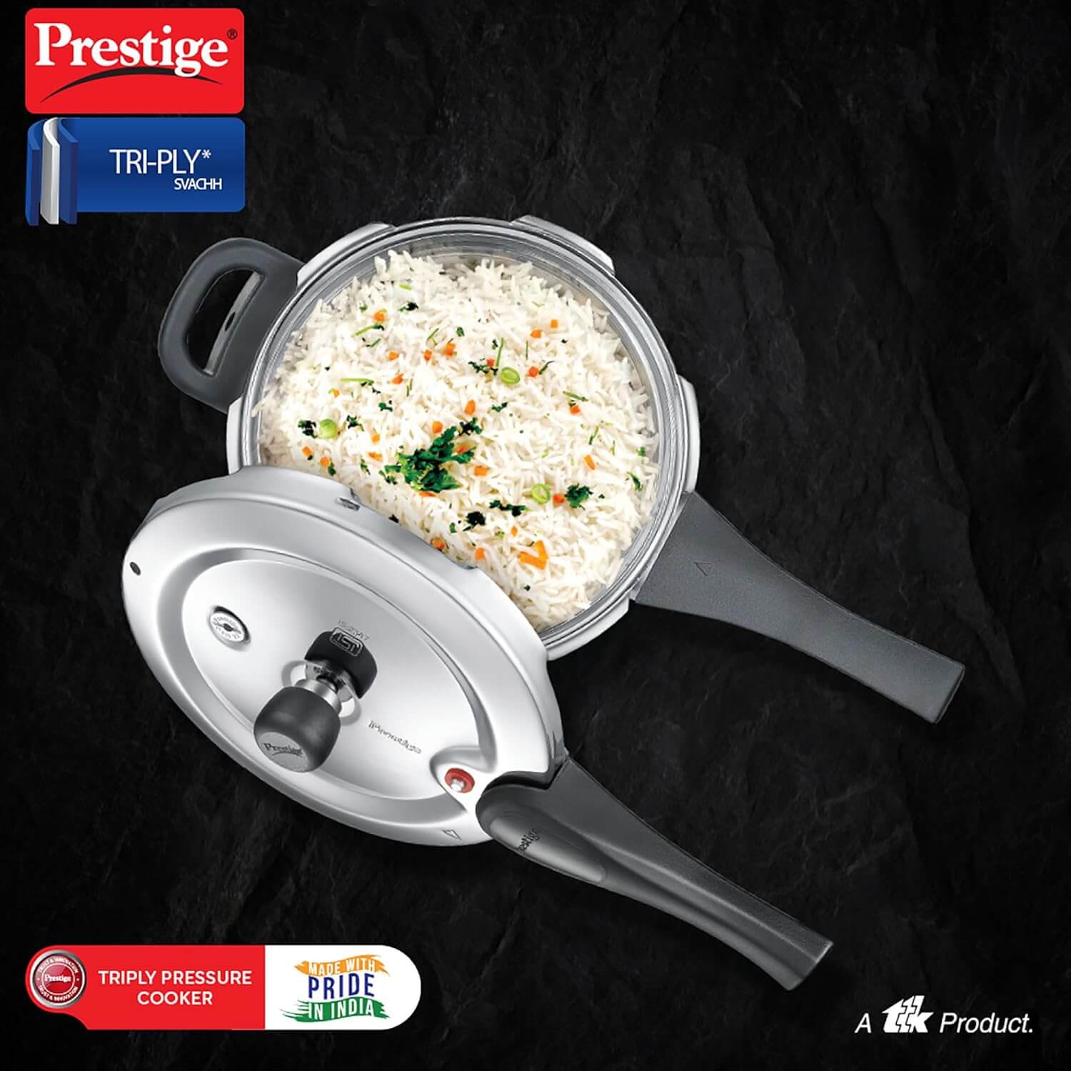 Prestige Svachh Triply Induction Base Outer Lid Pressure Cooker - Deep Lid, Spillage Control, 5-Year Warranty