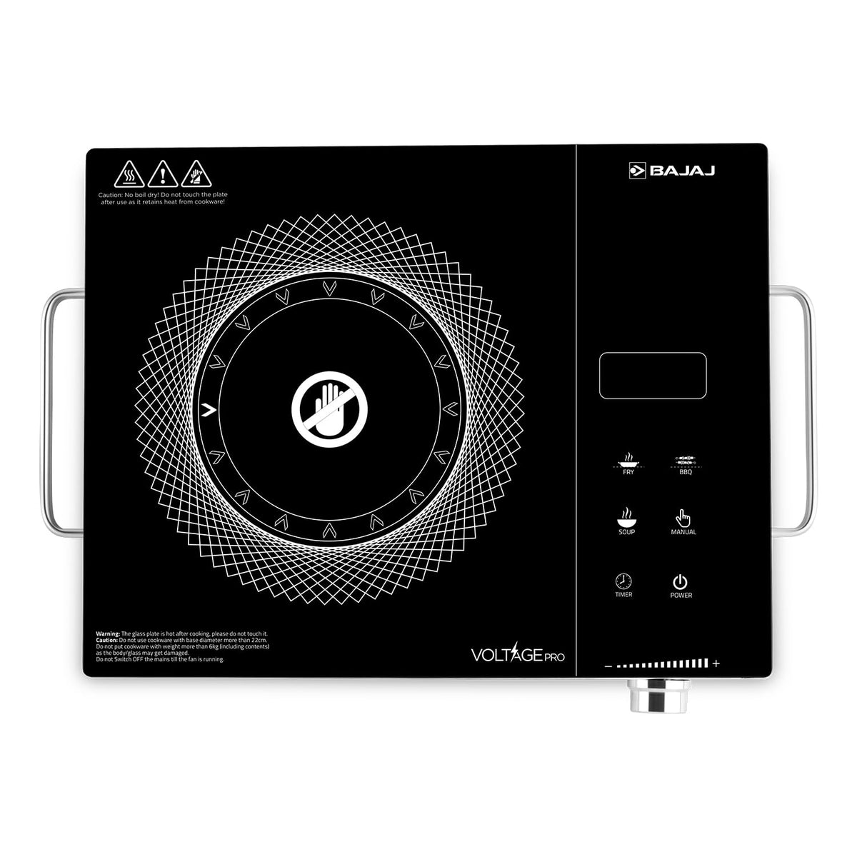 Bajaj IRX 220F 2200W infrared cooktop with feather touch controls and digital display in black and silver