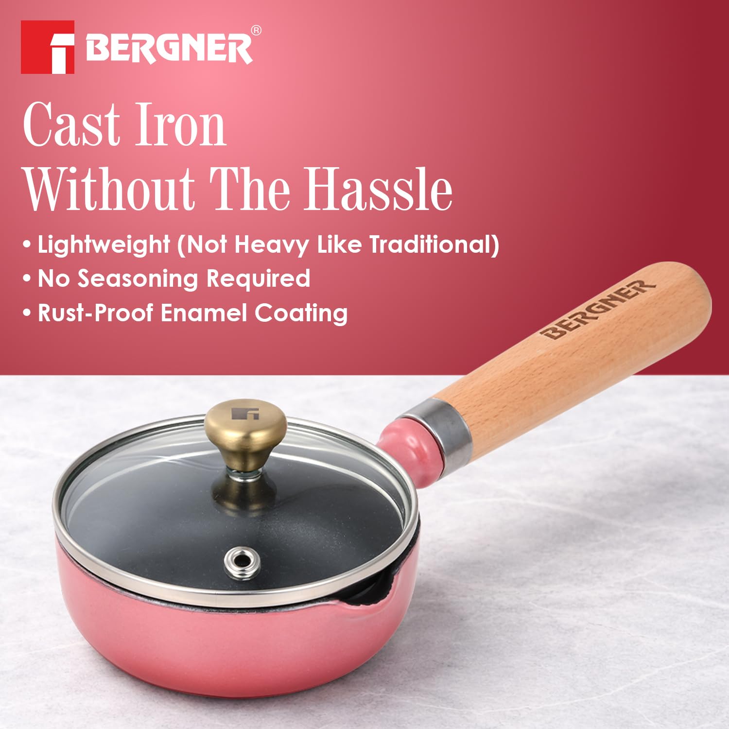 Bergner Excalibur Cast Iron Tadka Pan 12cm with Lid, Pink — PFAS-Free Vaghar Pan