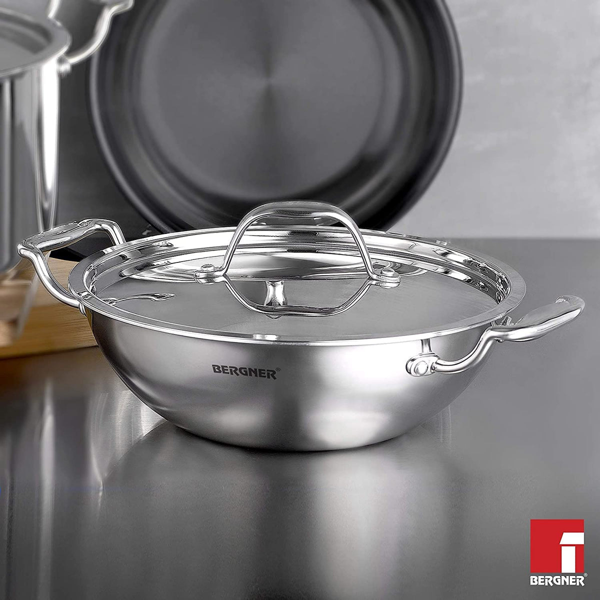 Bergner Argent Triply Deep Kadai, Stainless Steel Lid, For Sauté/Deep Fry/Gravy/Stir Fry/Steam, Heat Resistant Handles, Multi-Layered Mirror Finish, Induction & Gas Ready, 5-Year Warranty
