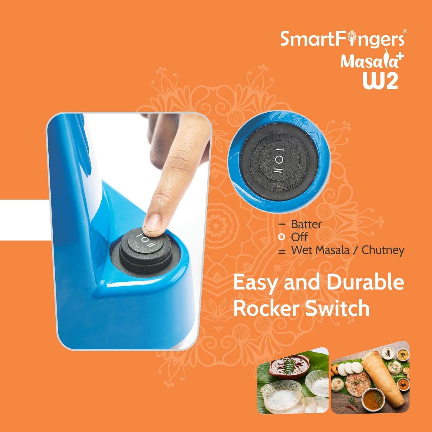 Blue SmartFingers wet masala grinder showing grinding mechanism and wiper technology