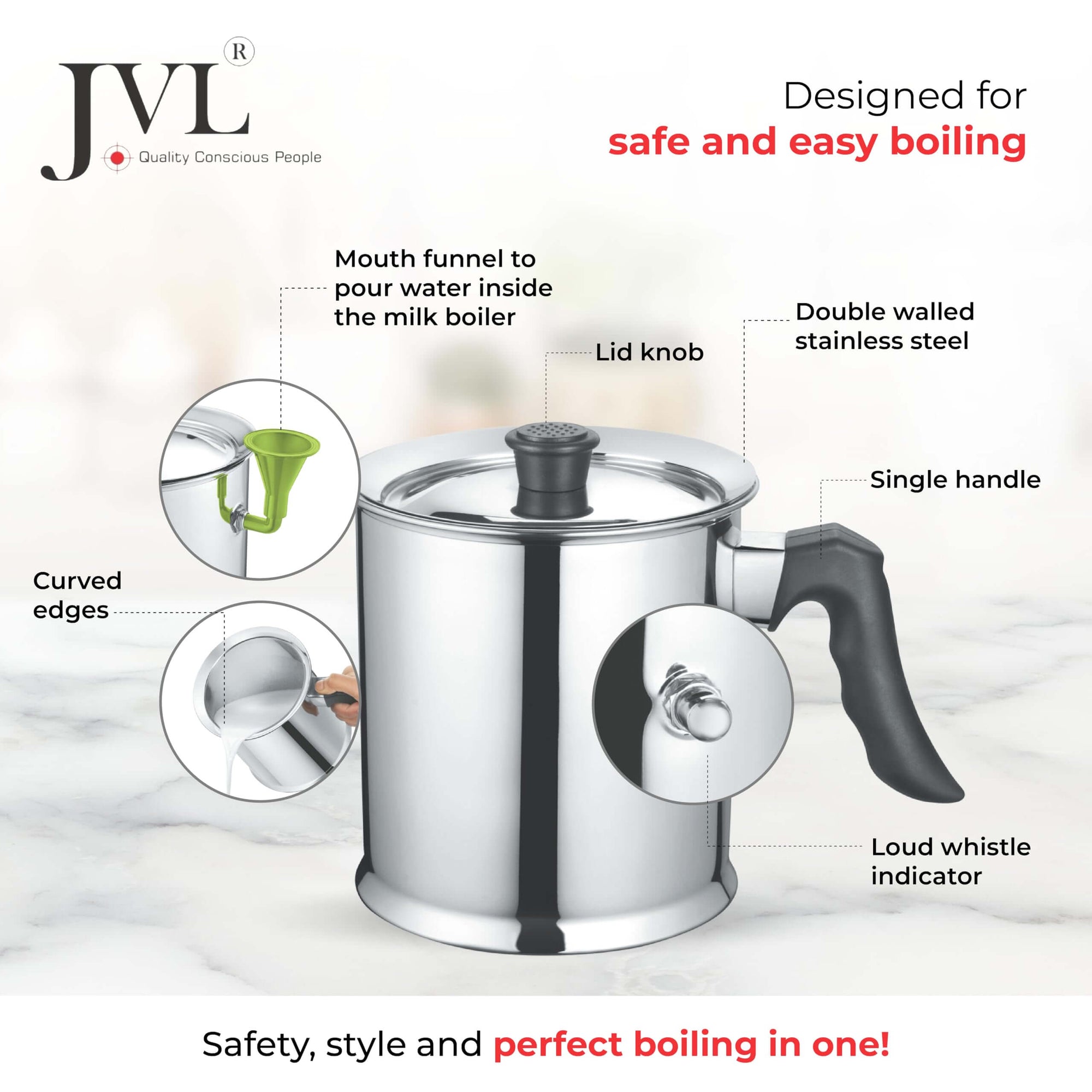 JVL Stainless Steel Double Wall Milk Boiler Storage with Single Bakelite Handle