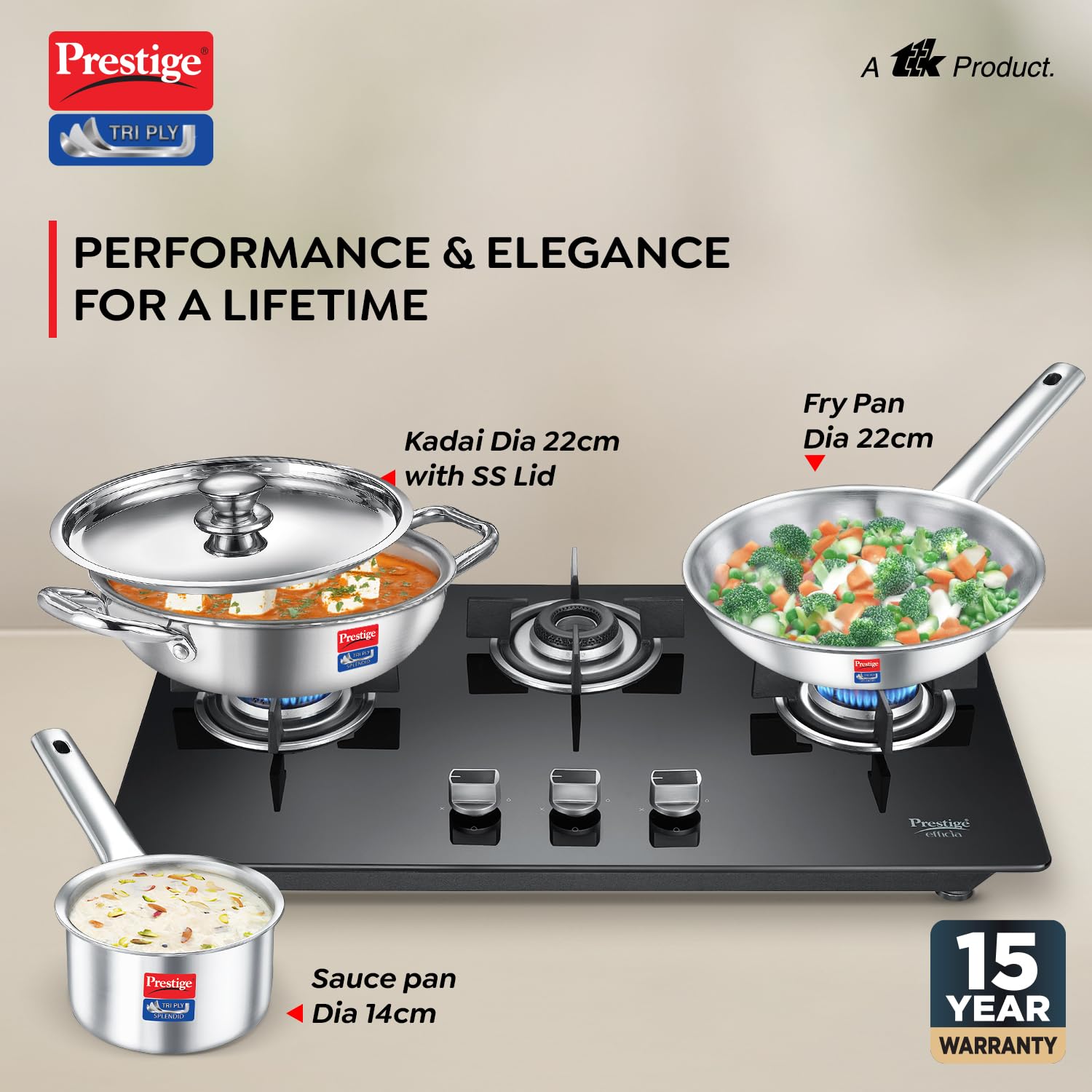 Prestige Triply Splendid 22cm kadai with stainless steel lid for Indian curries
