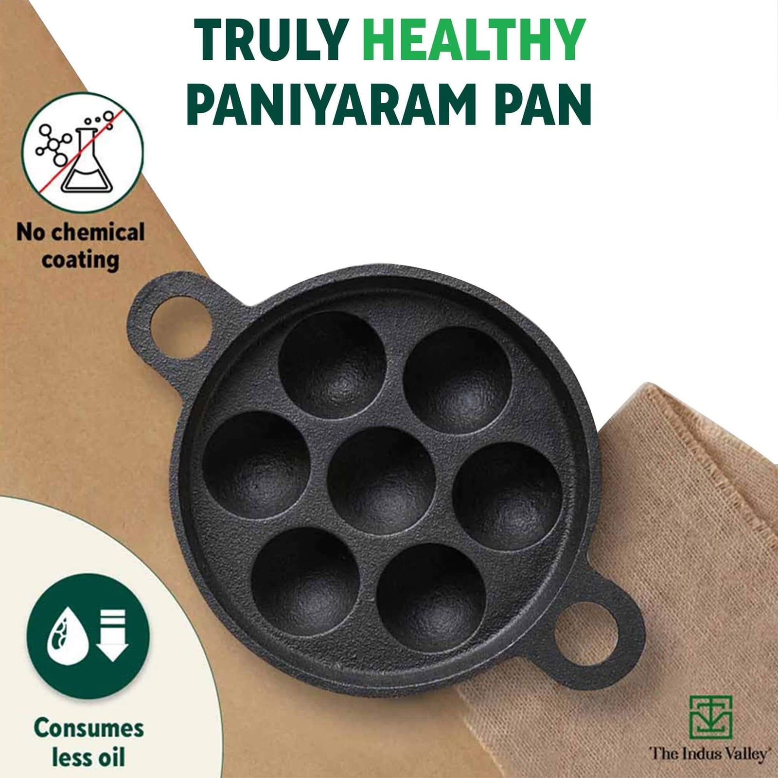 The Indus Valley 7-pit paniyaram pan made of pure cast iron, featuring a non-toxic design for healthier cooking.