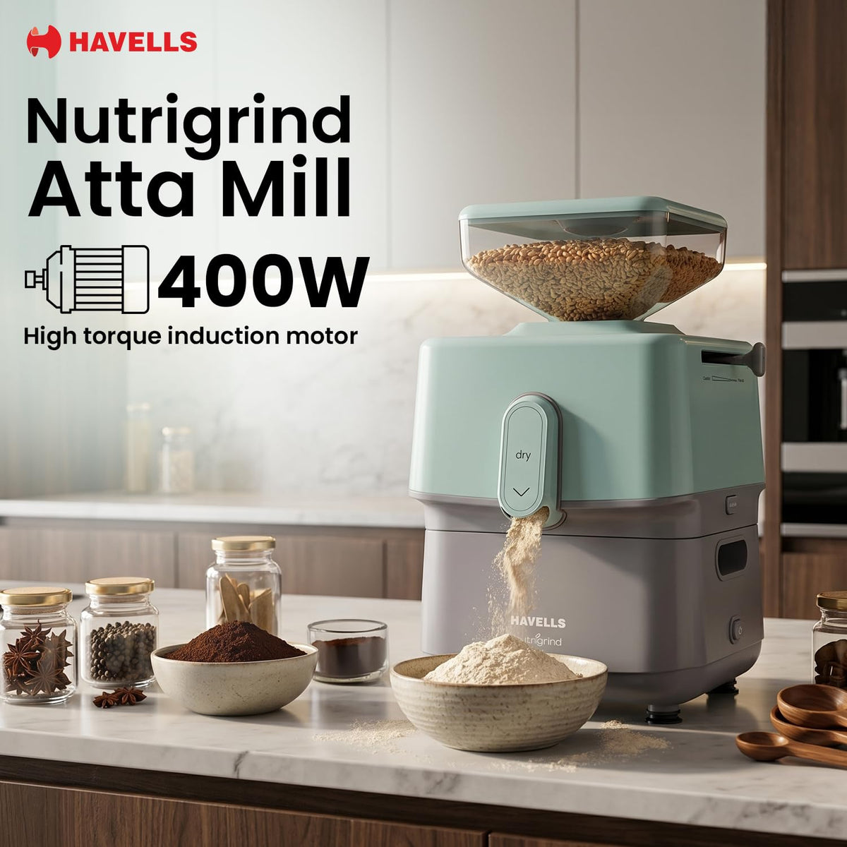 Havells Nutrigrind atta mill with wheat grain in transparent hopper

