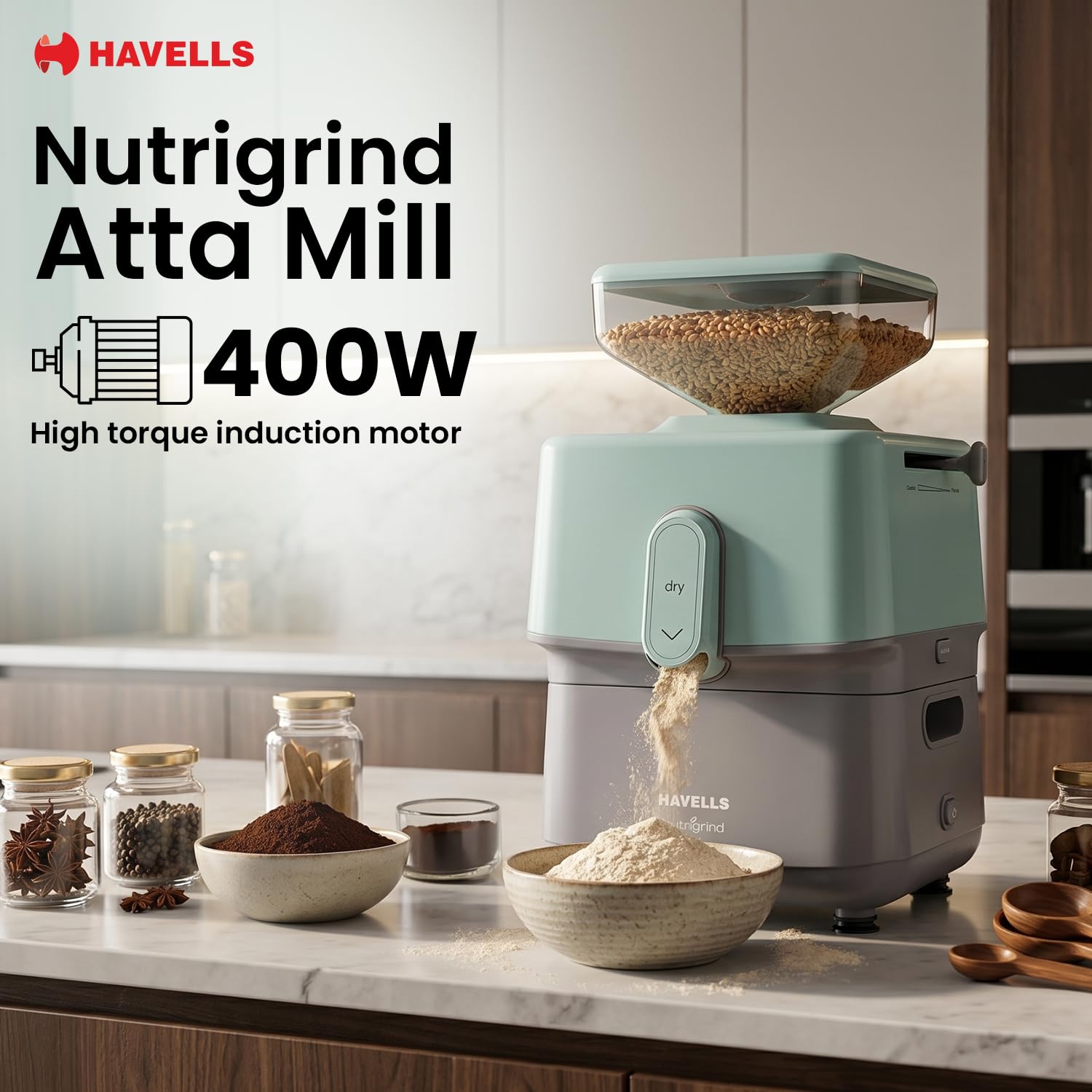 Havells Nutrigrind atta mill with wheat grain in transparent hopper
