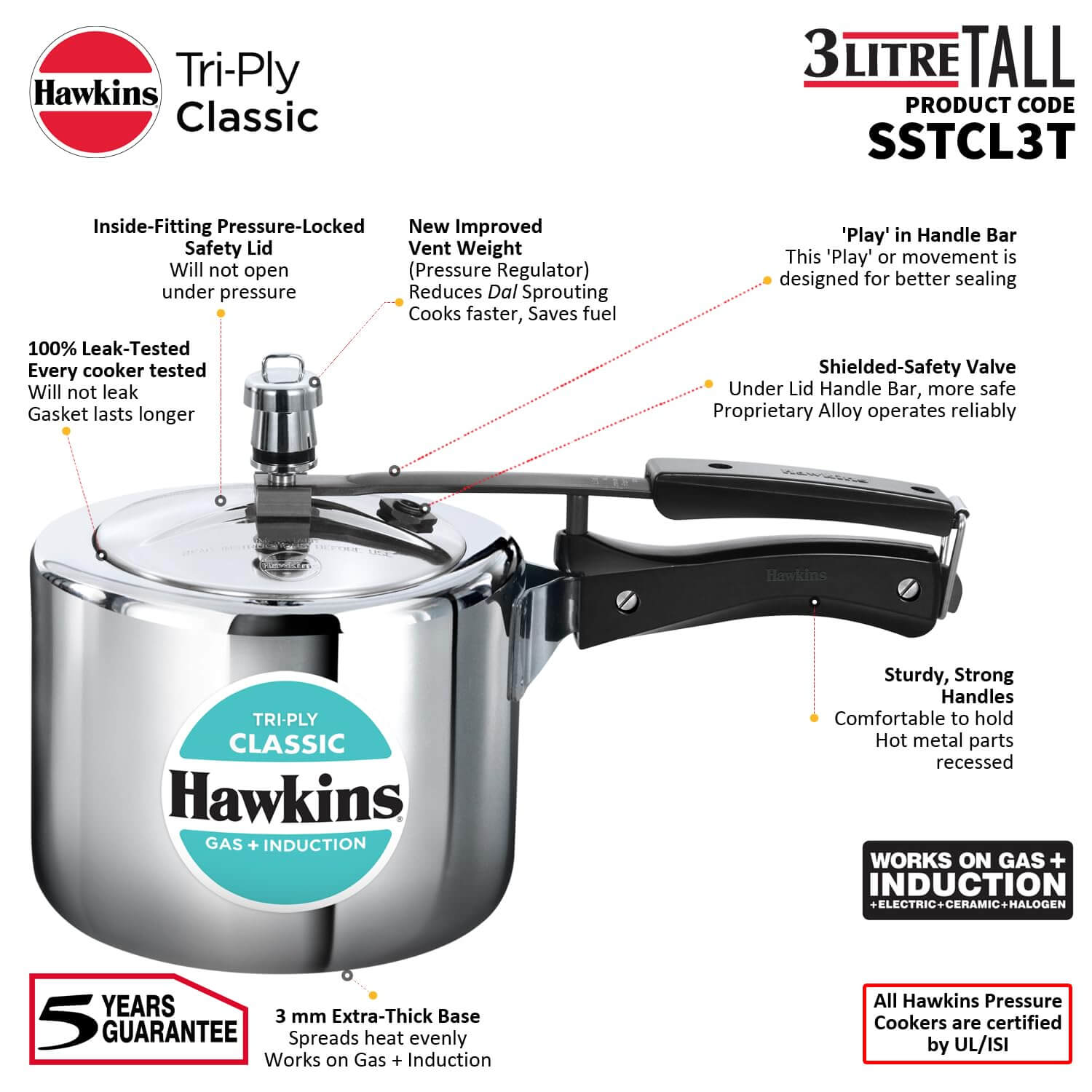 Hawkins Triply 3L Pressure Cooker – Food-Grade Stainless Steel, Induction & Gas Safe
