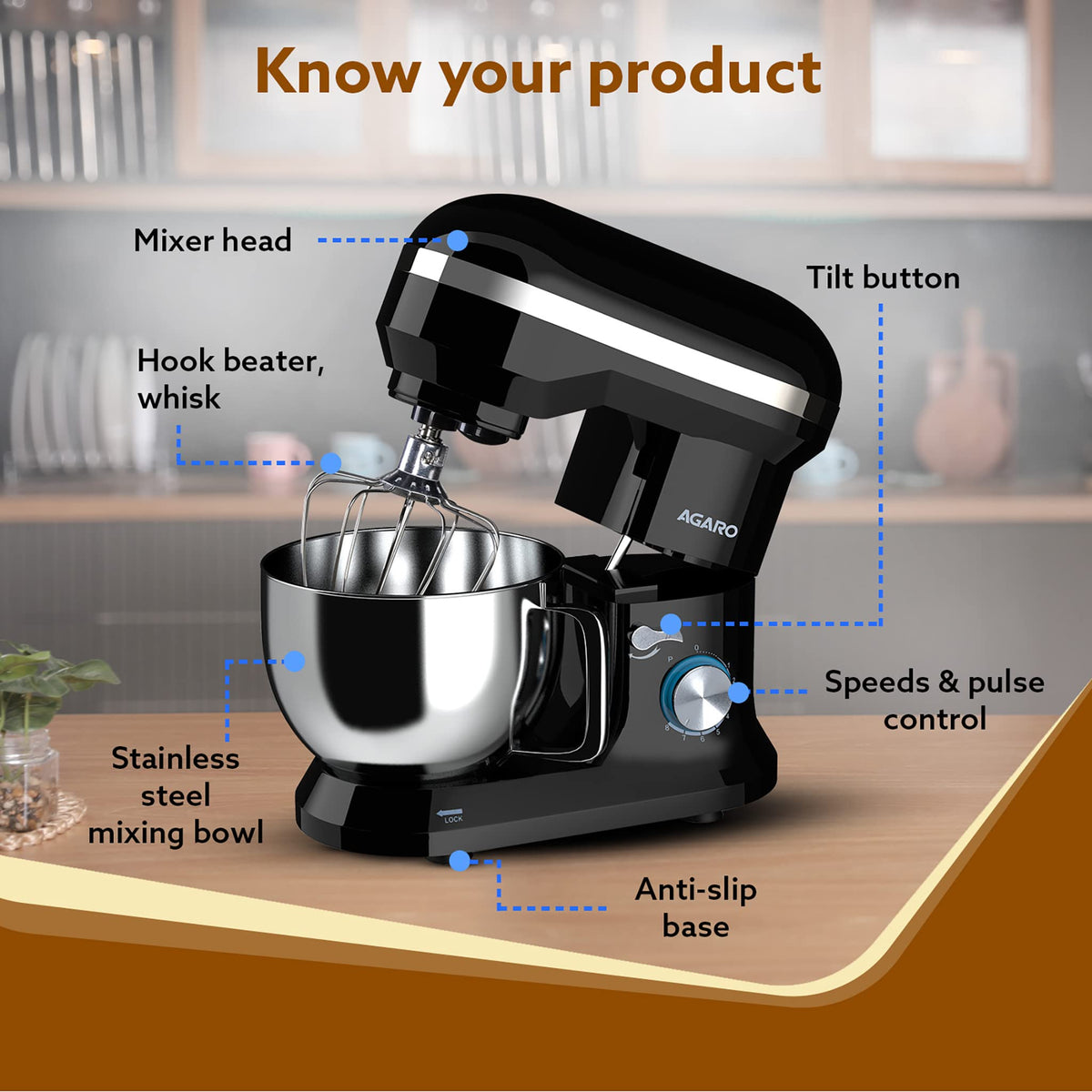 AGARO Royal Stand Mixer 1000W with 5L SS Bowl and 8 Speed Setting I Includes Whisking Cone, Mixing Beater & Dough Hook, and Splash Guard, 2 Years Warranty, (Black)