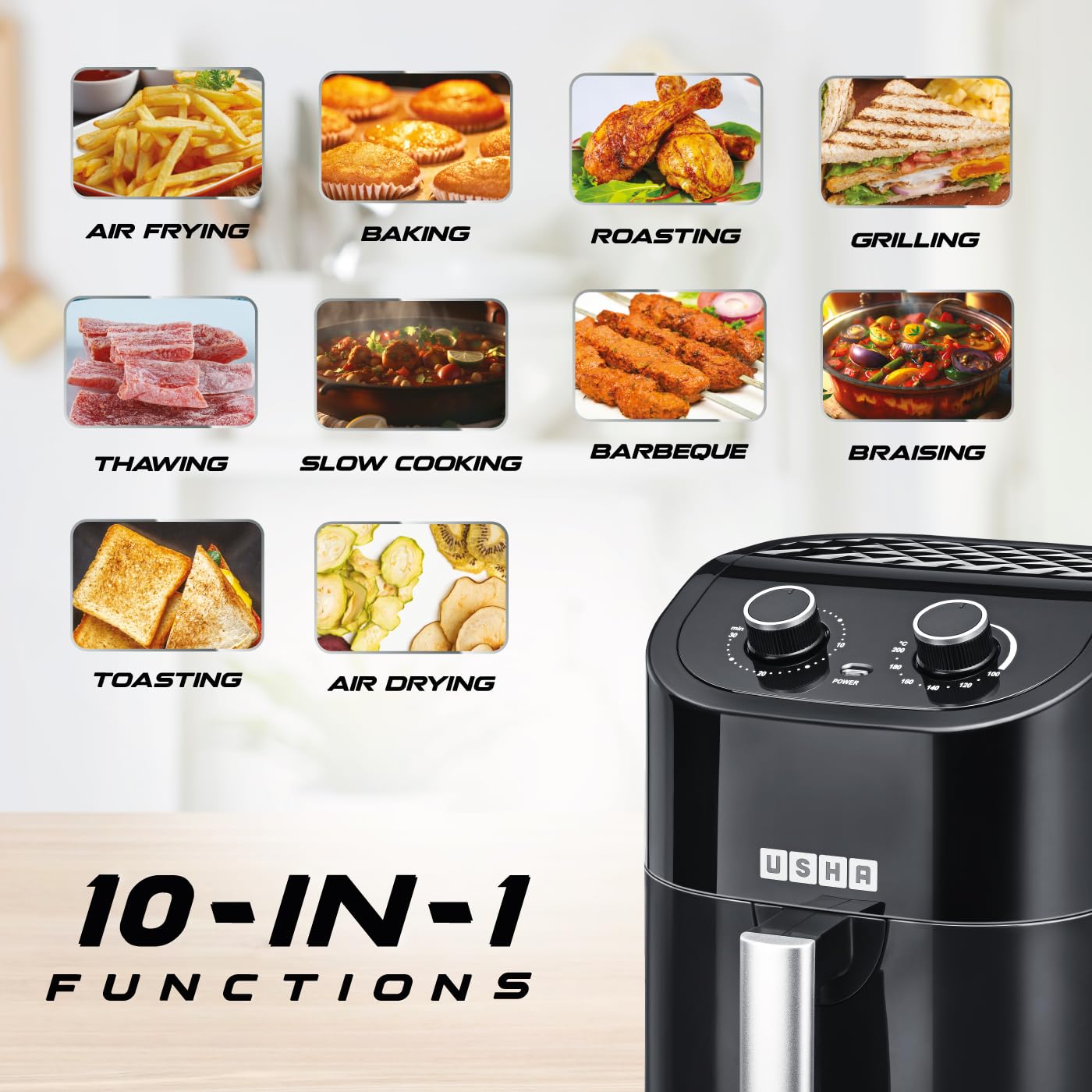 Usha iChef Air Fryer 4.5L, 10-in-1 Functions, Turbo Air Circulation, Oil Free Cooking (Black)