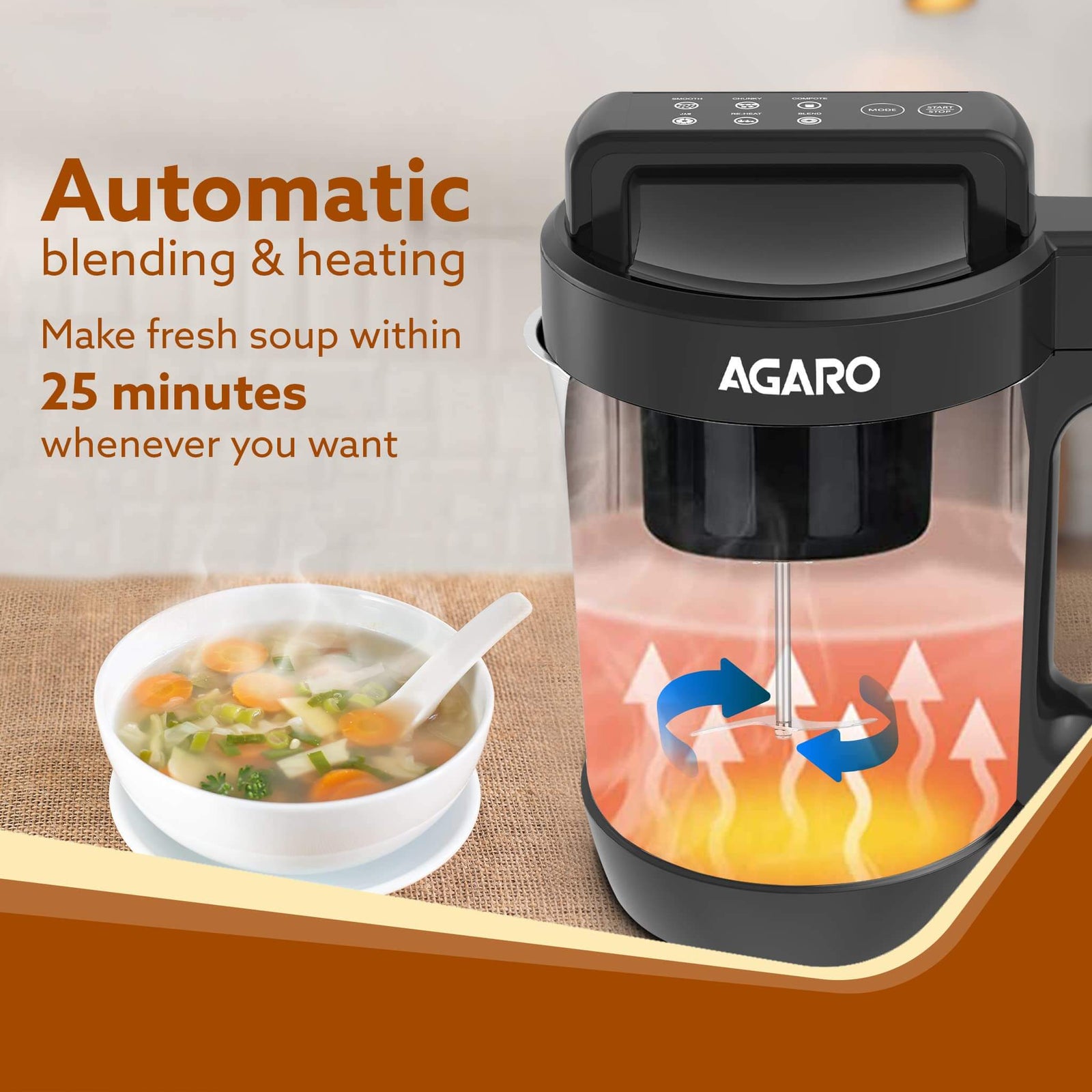 AGARO Elite Soup Maker with prepared smooth soup being poured into bowl
