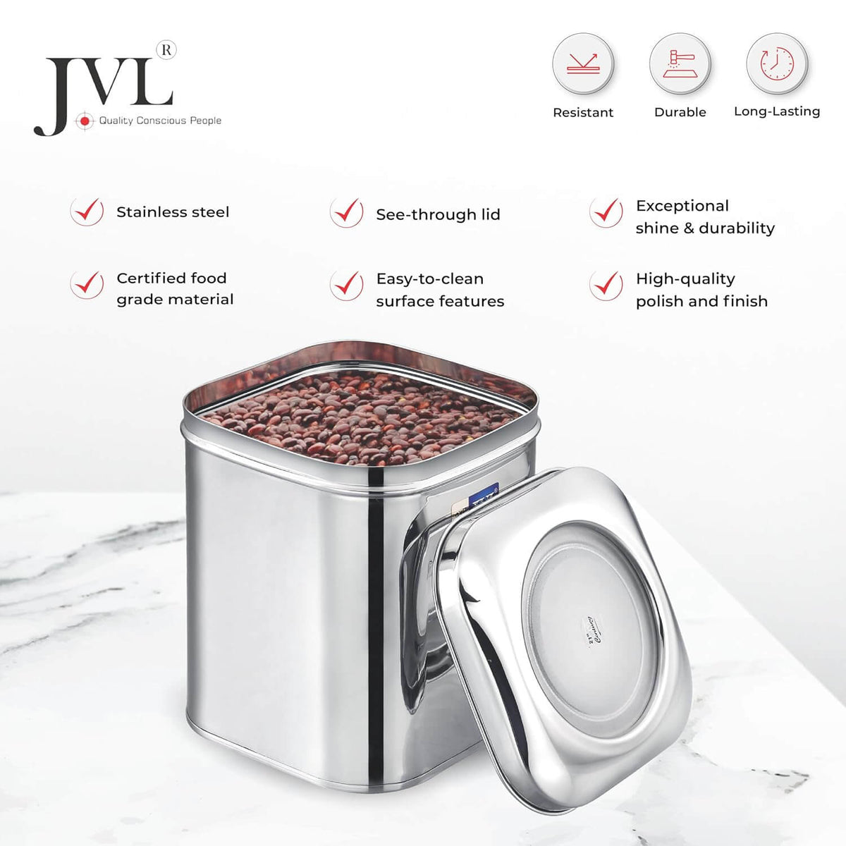 JVL Square Tin with Transparent Lid | Premium Dry Storage Box for Kitchen