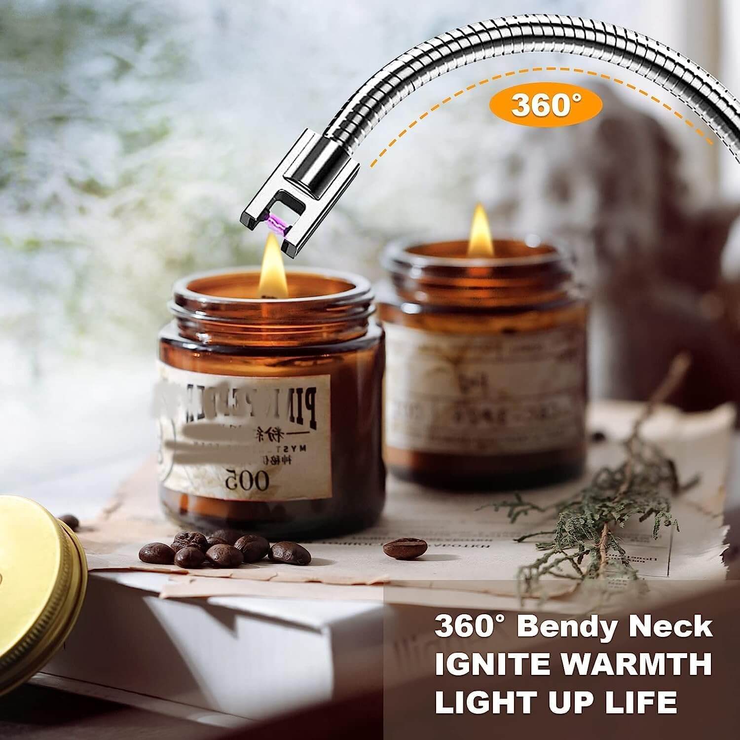 Arc lighter with 360° bendy neck igniting candles, ideal for safe and flexible lighting in home settings.