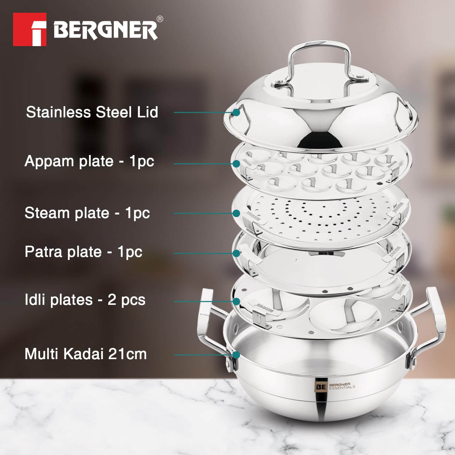 BERGNER BE Essentials Triply 21cm Multi Kadai Set - Idli Appam Steamer Induction Compatible