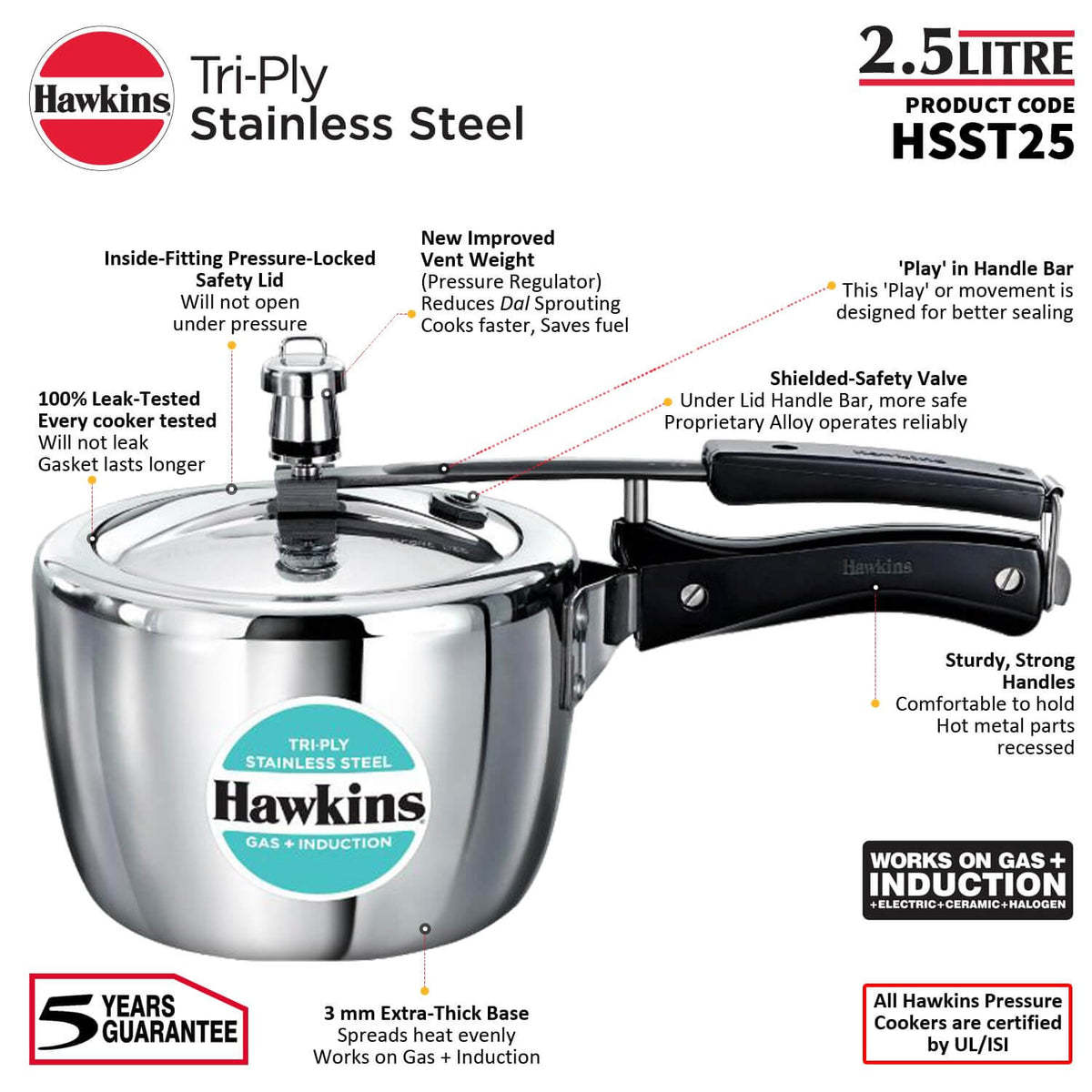 Hawkins Triply Stainless Steel Pressure Cooker - Inner Lid, Induction Compatible with 3mm Extra-Thick Base