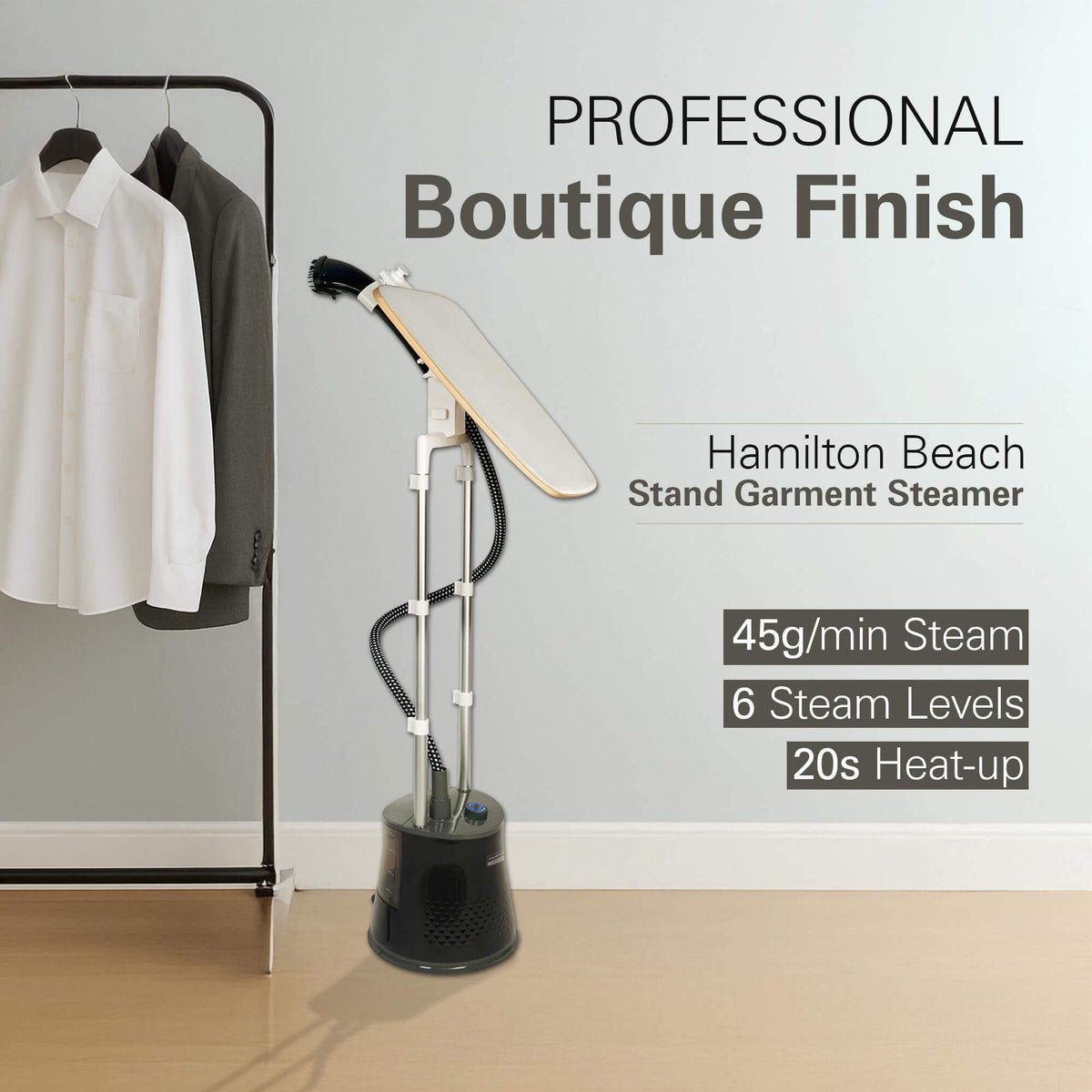 Professional clothes steamer with detachable water tank and fabric brush attachment