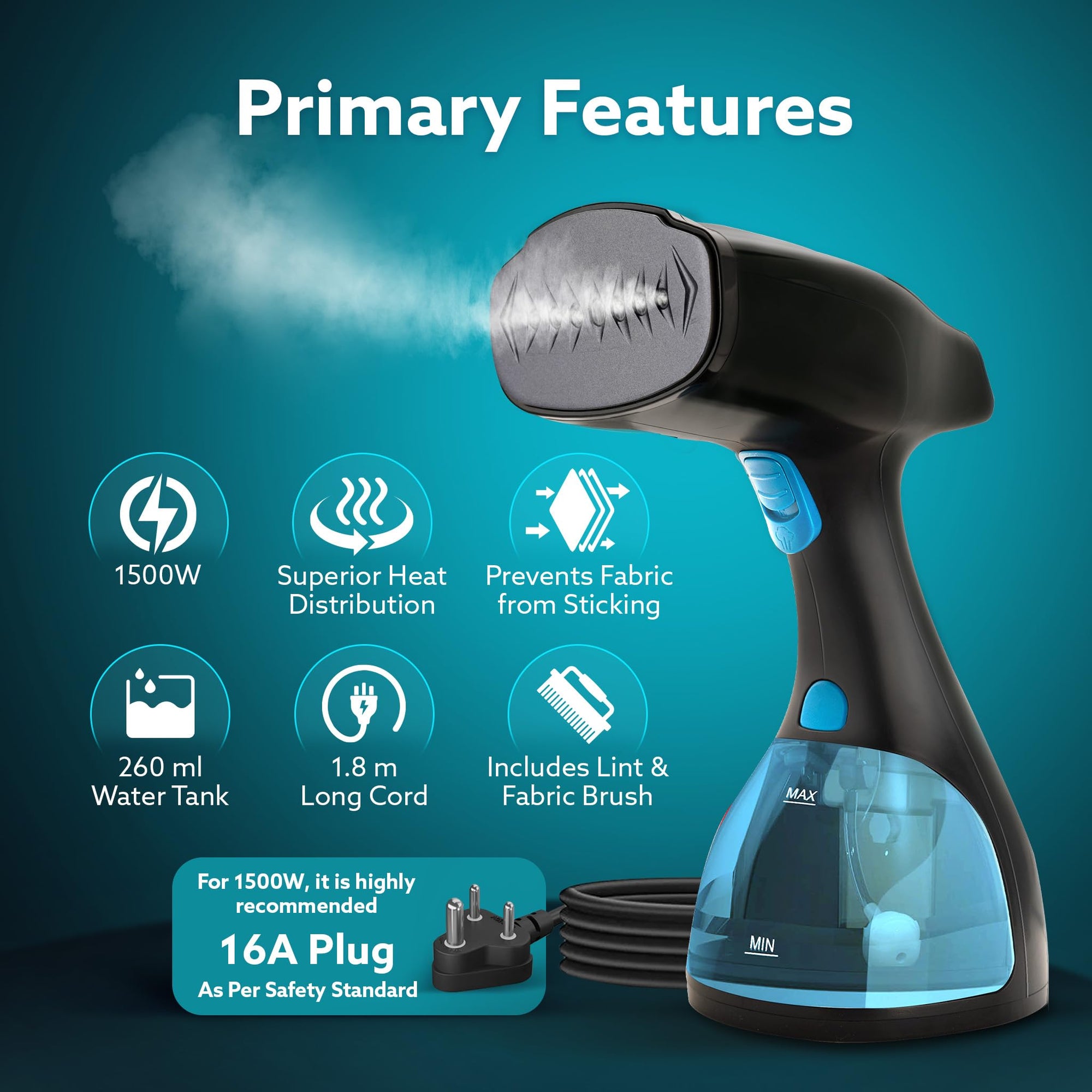 Handheld AGARO steamer with fabric brush attachment for garment care