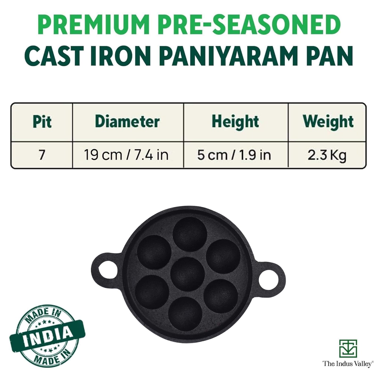 Indus Valley cast iron paniyaram pan, 7 pits, pre-seasoned, 19cm diameter, induction compatible, made in India.
