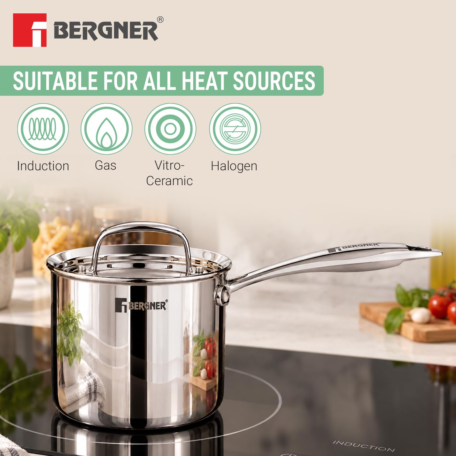 Works on induction, gas, vitro-ceramic and halogen cooktops
