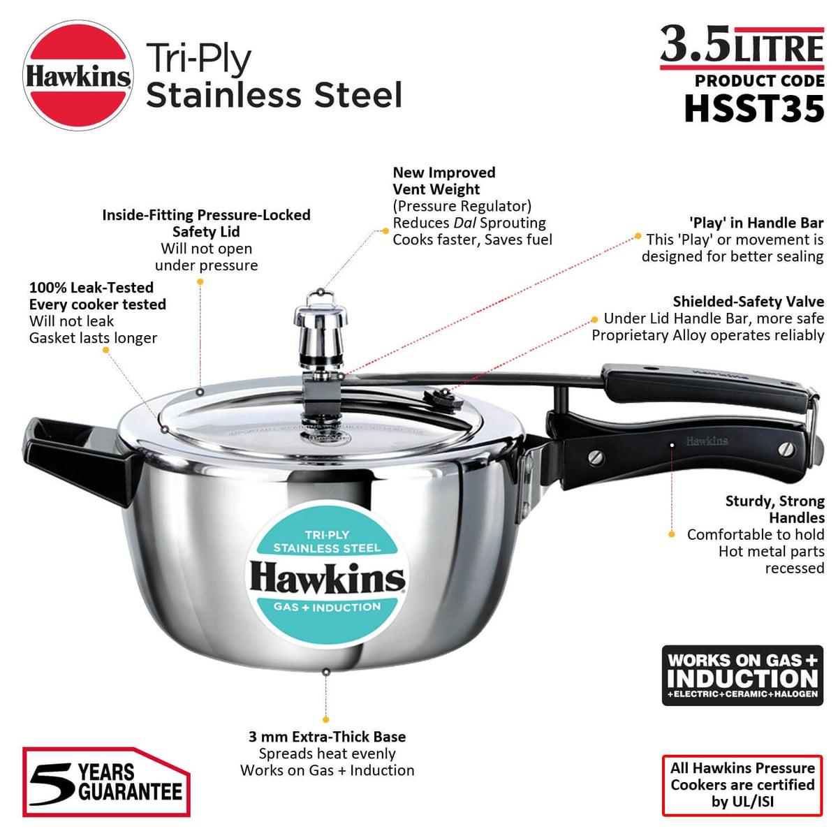 Hawkins Triply Stainless Steel Pressure Cooker - Inner Lid, Induction Compatible with 3mm Extra-Thick Base