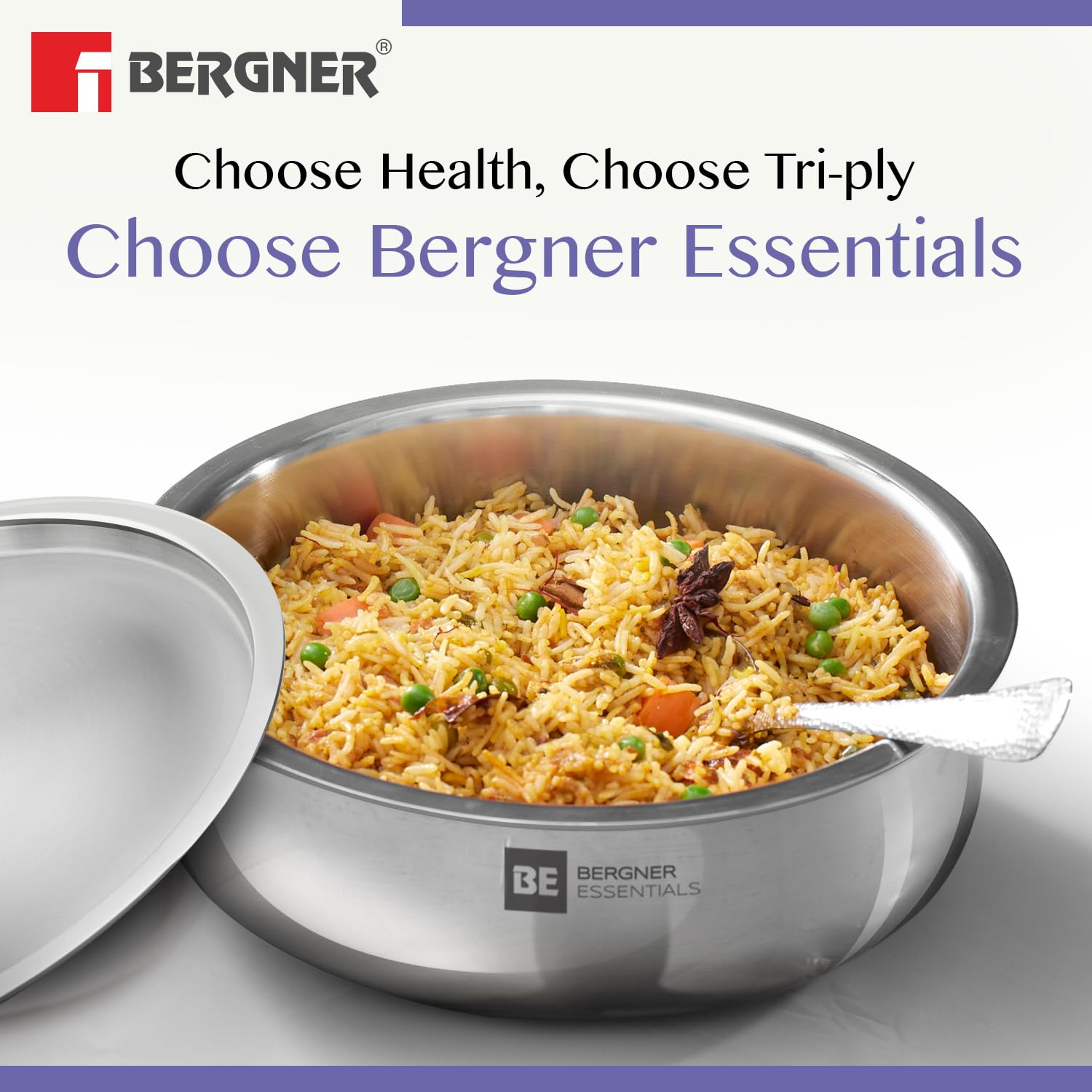BE Bergner Essentials Tri-Ply Stainless Steel Biryani Handi with Lid, Even Heat Distribution, 5-Year Warranty