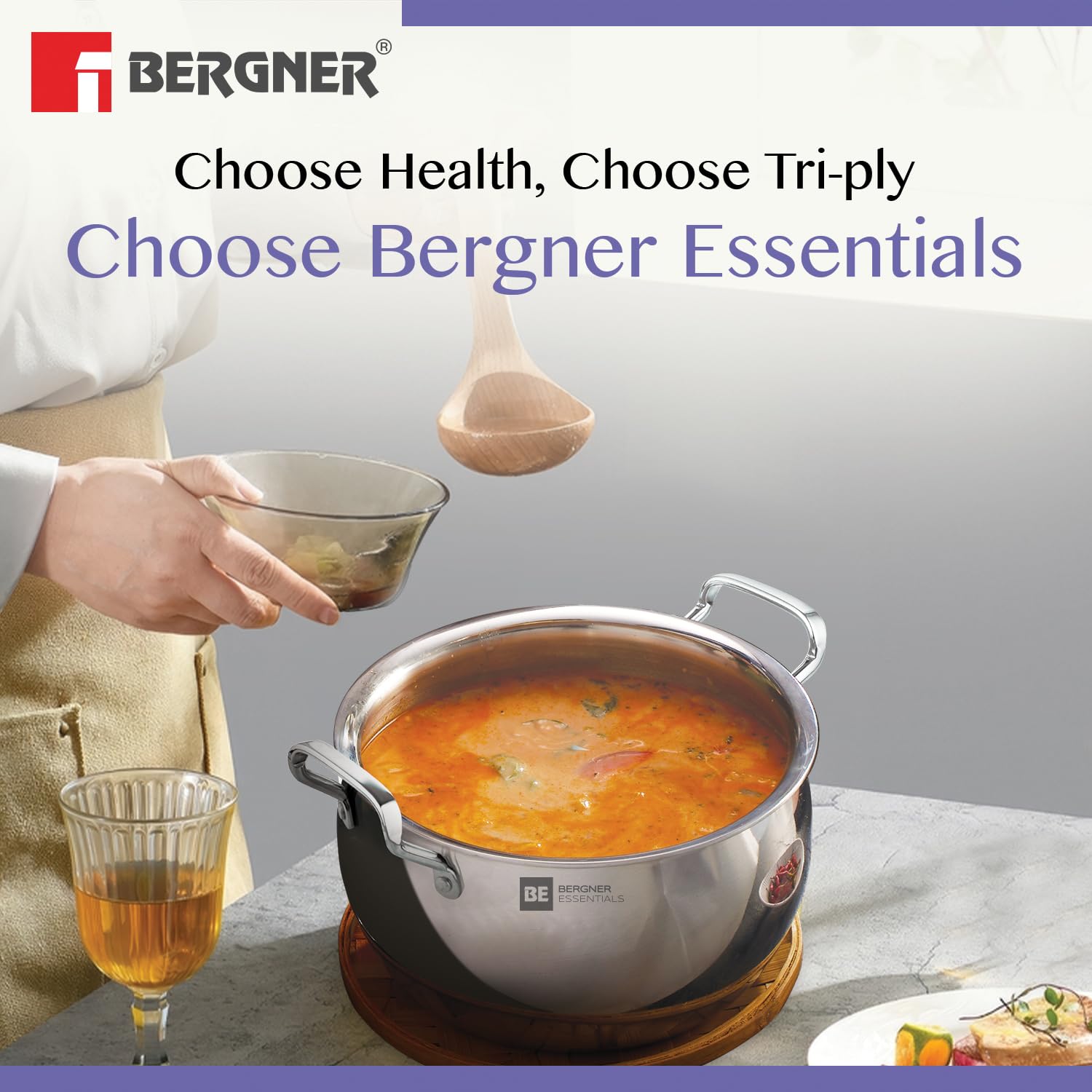 Bergner Essentials Tri-Ply Stainless Steel Rice Handi with Lid, Small, Induction & Gas Ready, 5-Year Warranty